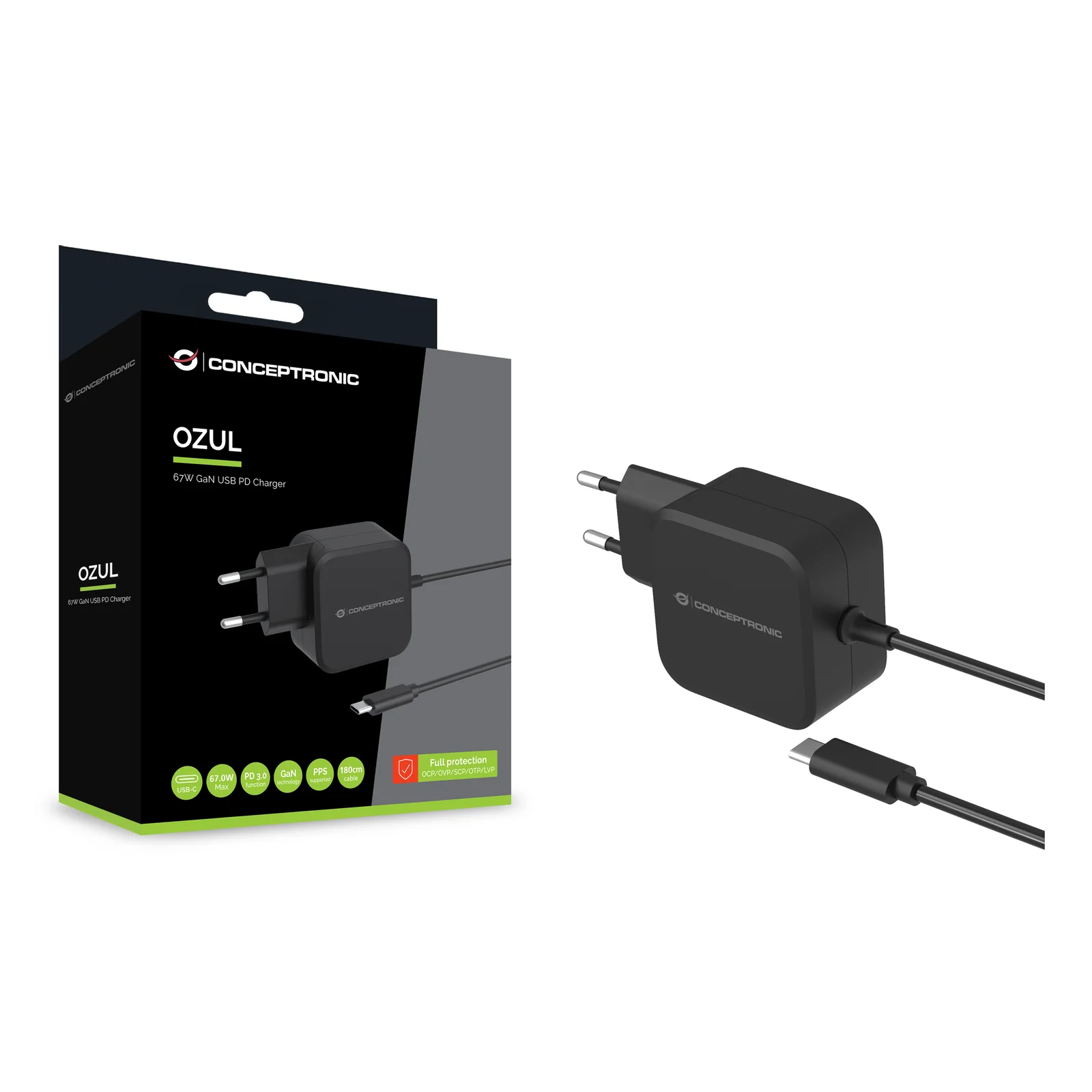 Conceptronic OZUL04BE chargeur d'appareils mobiles Universel Noir Secteur Intérieure