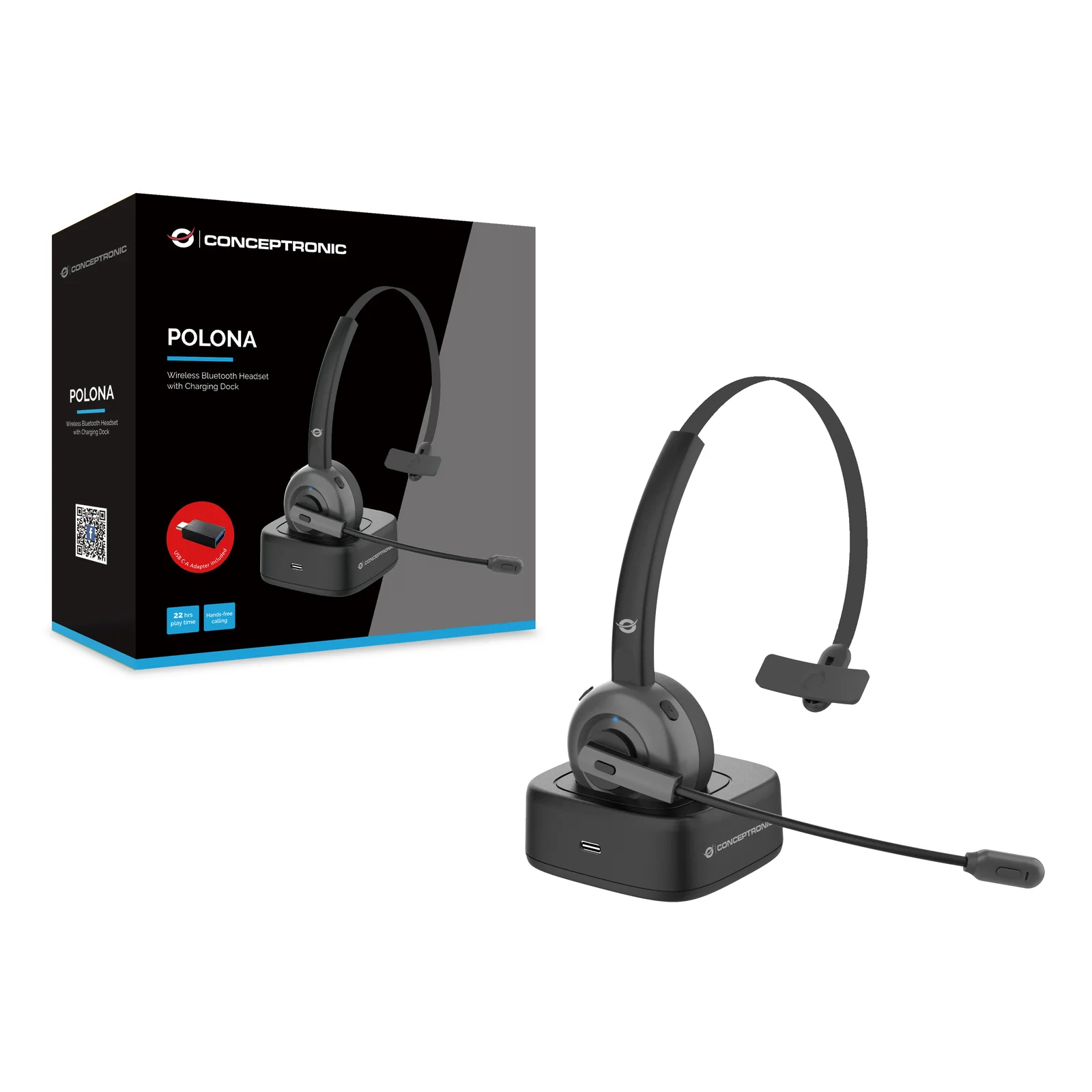 Conceptronic POLONA03BD casque Sans fil Arceau Bureau/Centre d'appels Bluetooth Socle de chargement Noir