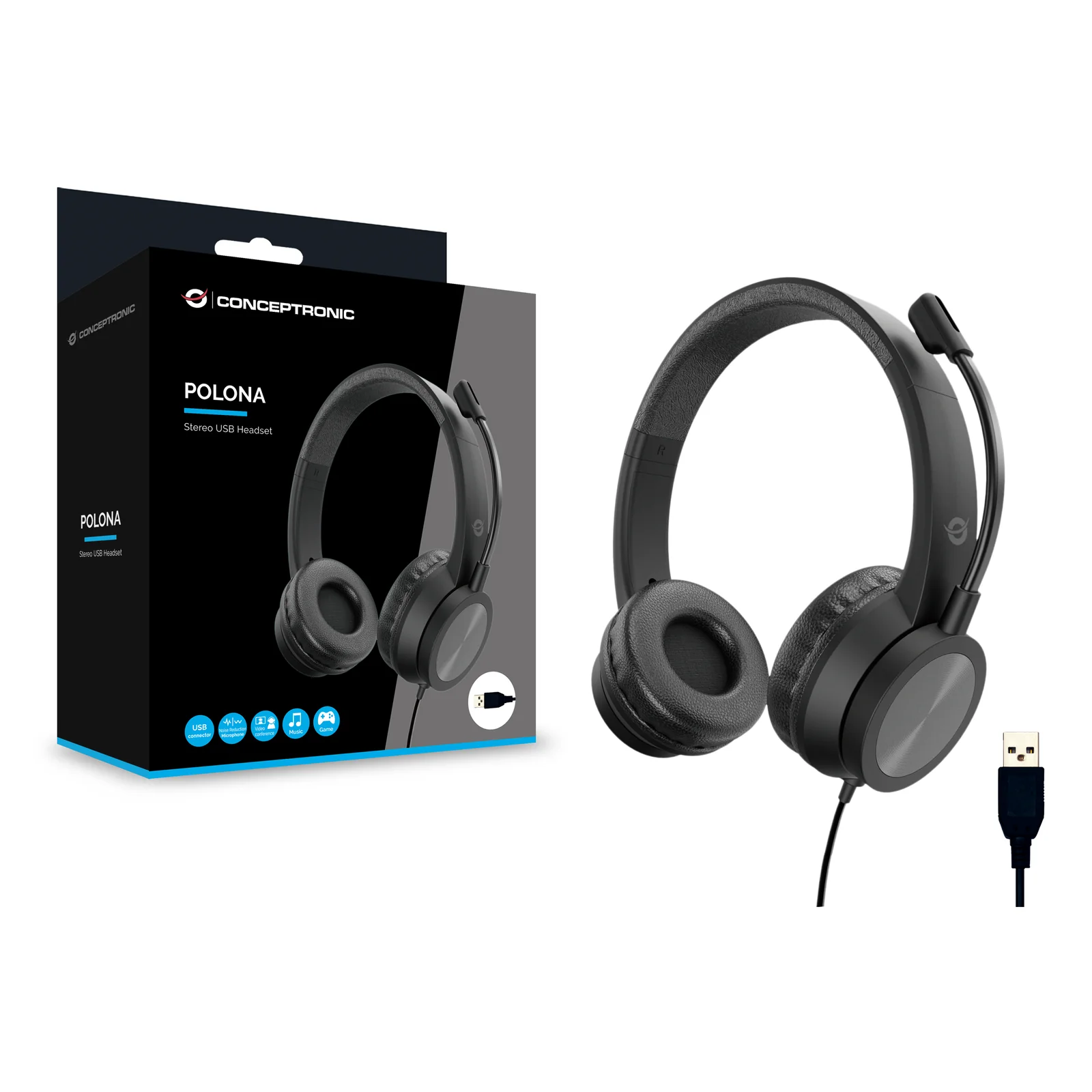 Conceptronic POLONA05B casque Avec fil Arceau Business/Everyday USB Type-A Noir