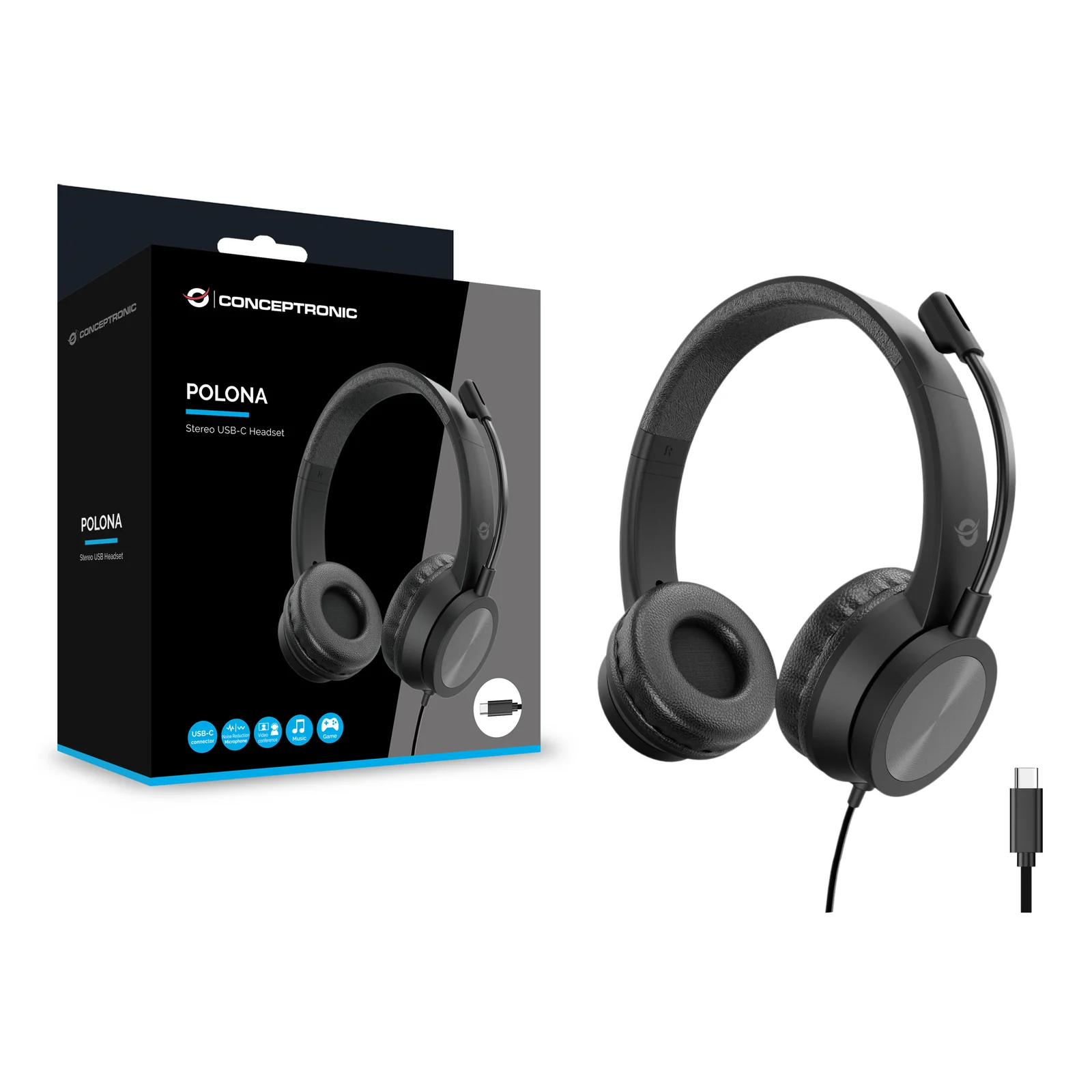 Conceptronic POLONA05BC casque Avec fil Arceau Bureau/Centre d'appels USB Type-C Noir
