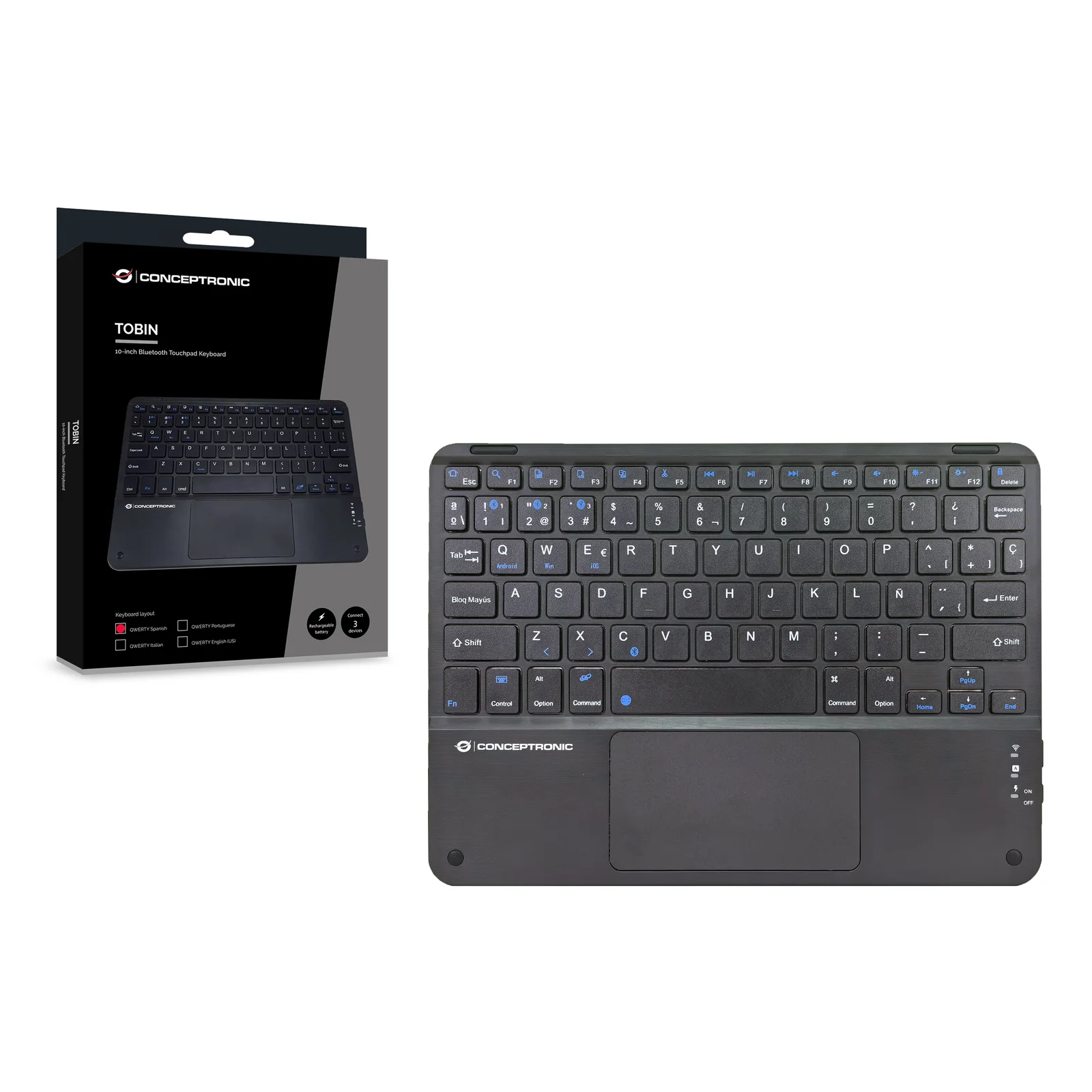 Conceptronic TOBIN01BES clavier Universel Bluetooth QWERTY Espagnole Noir