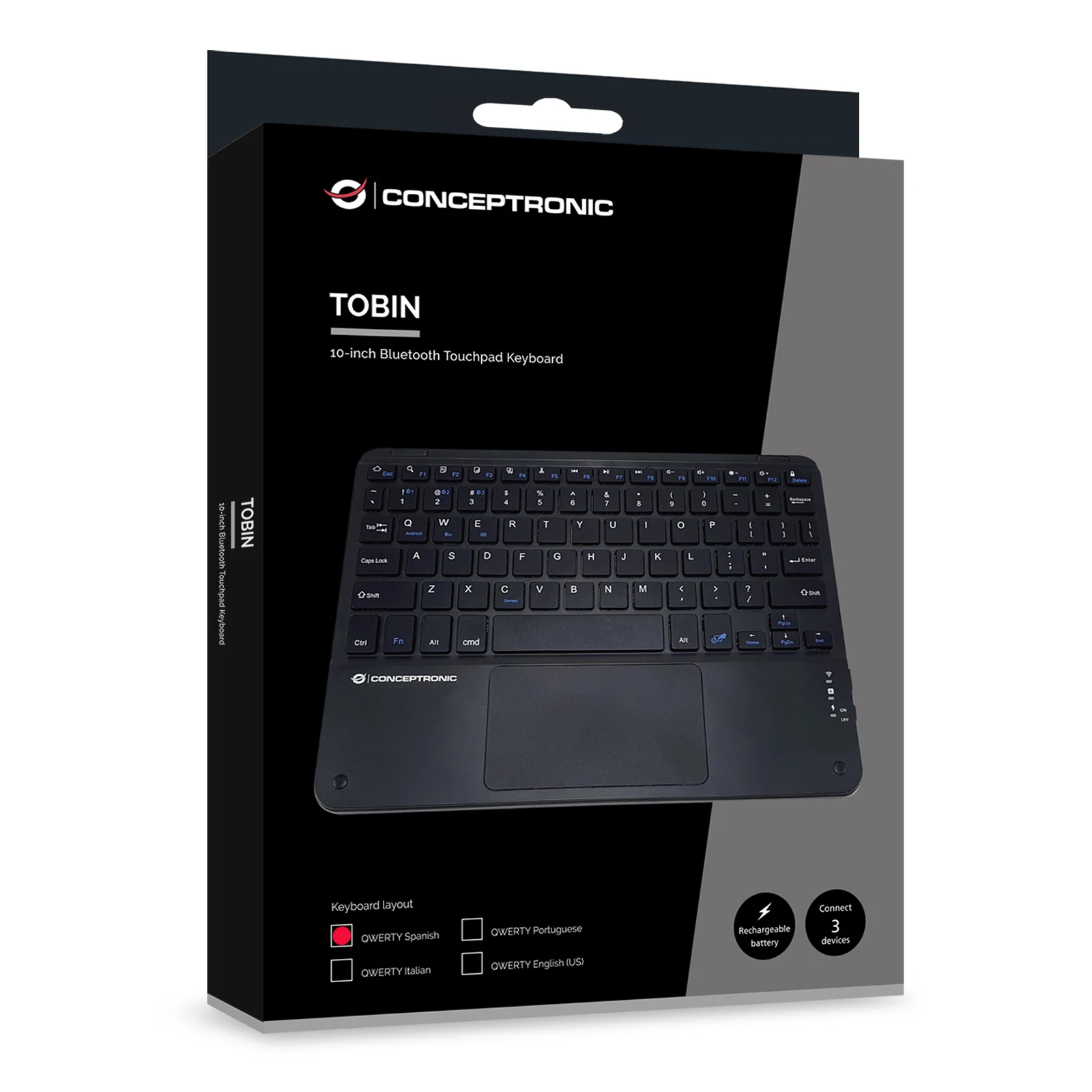 Conceptronic TOBIN01BES clavier Universel Bluetooth QWERTY Espagnole Noir