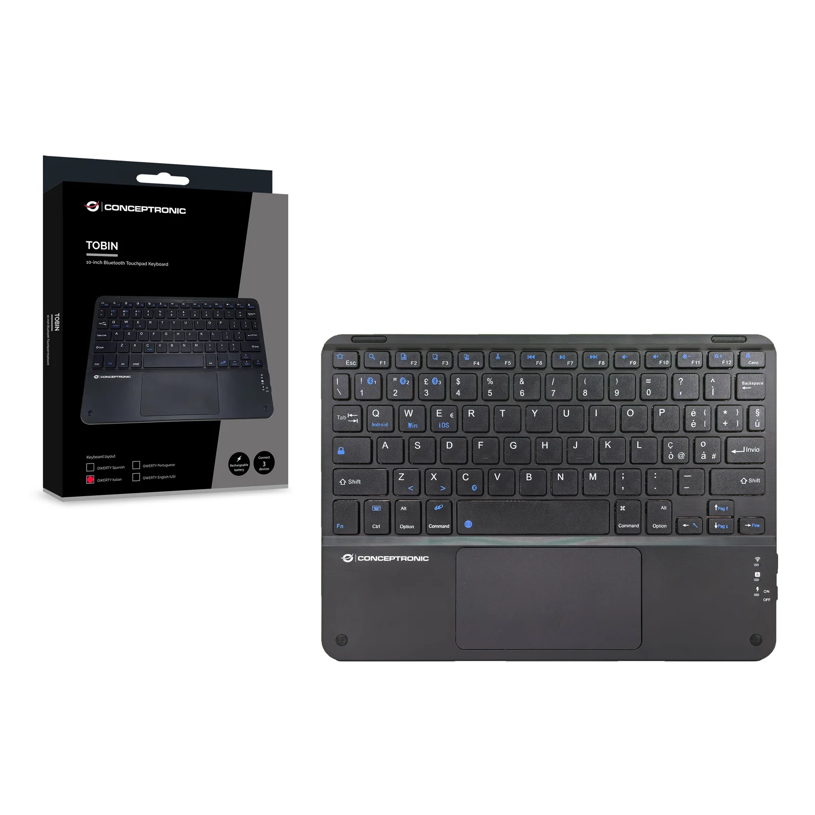 Conceptronic TOBIN01BIT clavier Universel Bluetooth QWERTY Italien Noir