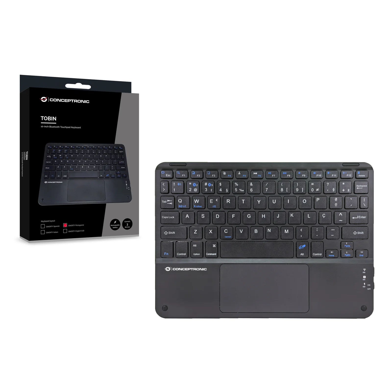Conceptronic TOBIN01BPT clavier Universel Bluetooth QWERTY Portuguais Noir