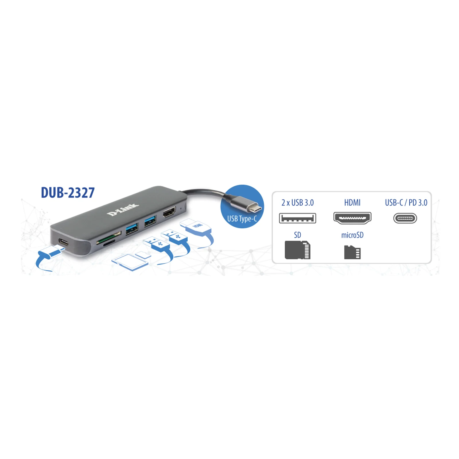 D-Link Hub USB-C 6-en-1 avec HDMI/lecteur de carte/alimentation DUB-2327