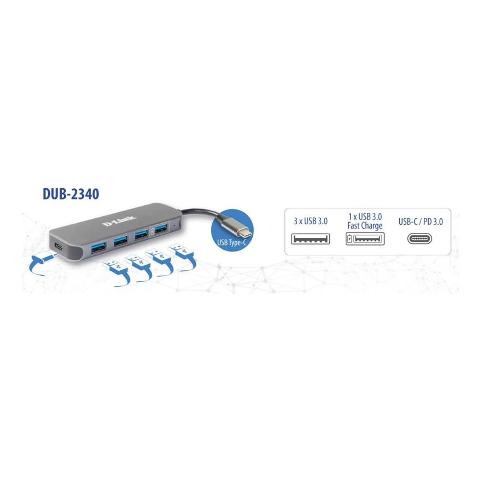 D-Link Hub USB-C vers 4 ports USB 3.0 avec alimentation DUB-2340