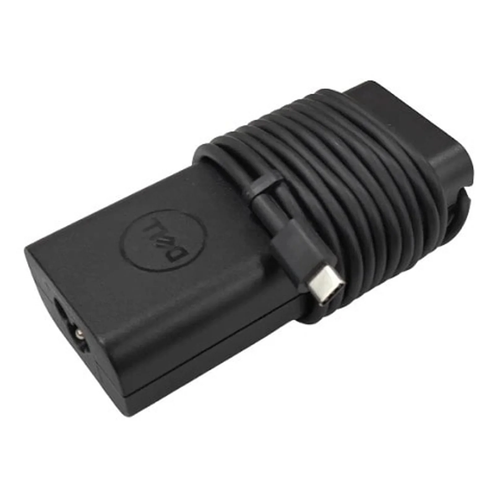 Adaptateur Dell 2NFMW noir, vue arrière, logo Dell visible sur le dessus du boîtier