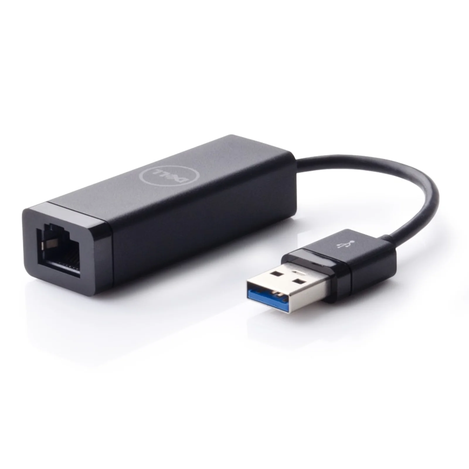 Vue trois quarts de l'adaptateur noir posé à plat avec logo Dell visible et port Ethernet apparent