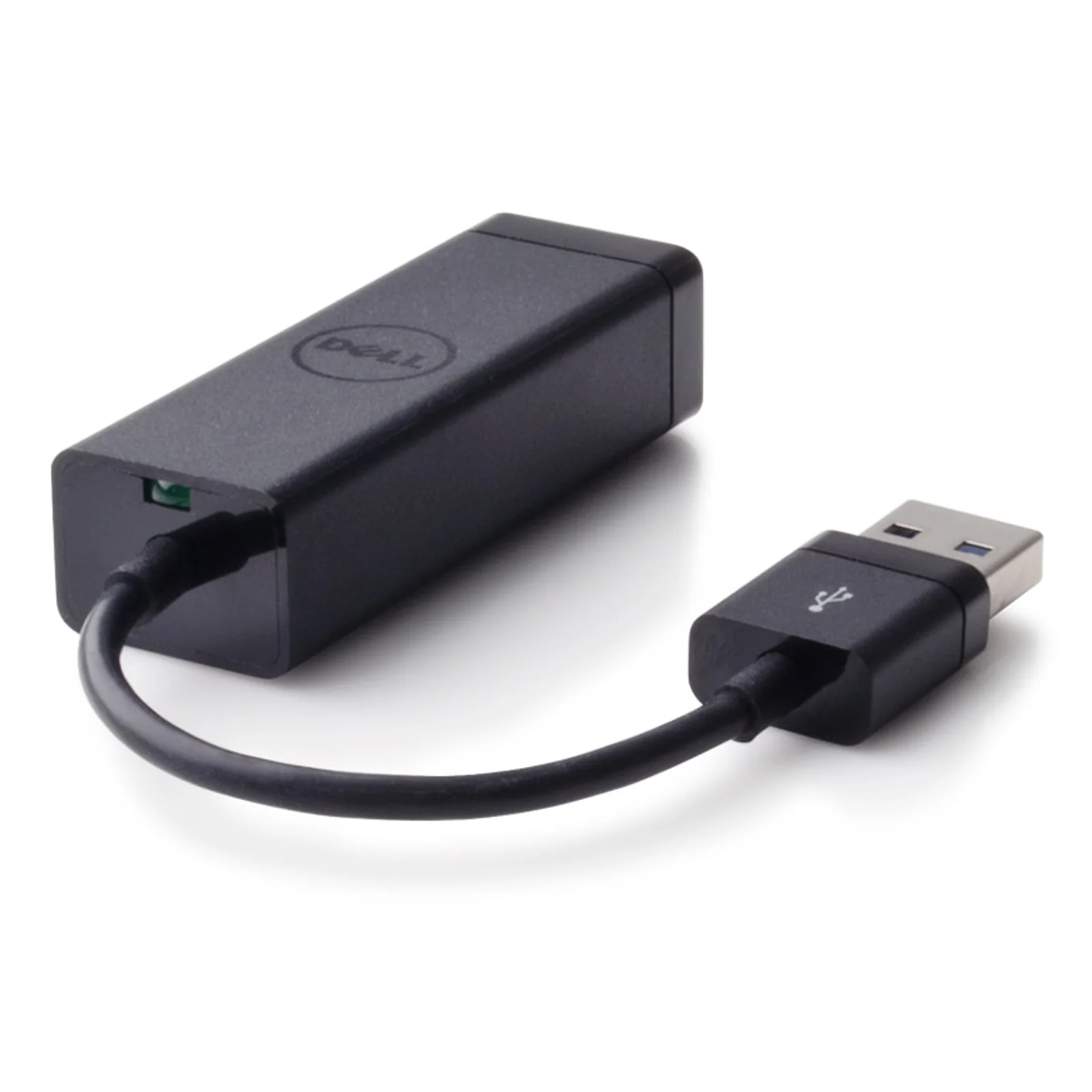 Vue trois quarts de l'adaptateur montrant le voyant d'activité vert allumé près du connecteur Ethernet