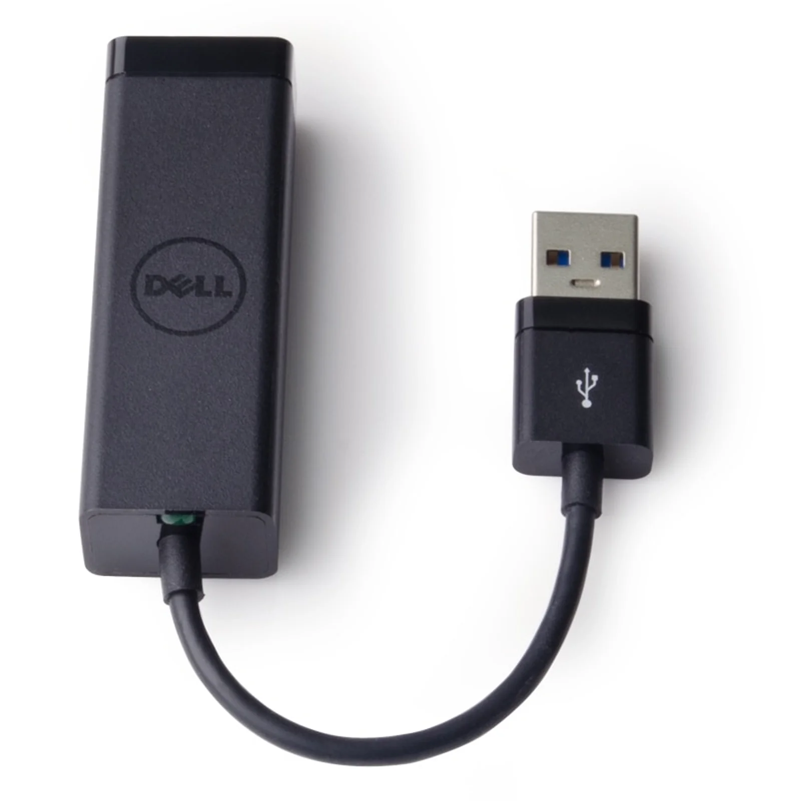 Vue de dessus de l'adaptateur noir avec logo Dell embossé et câble USB déployé en arc