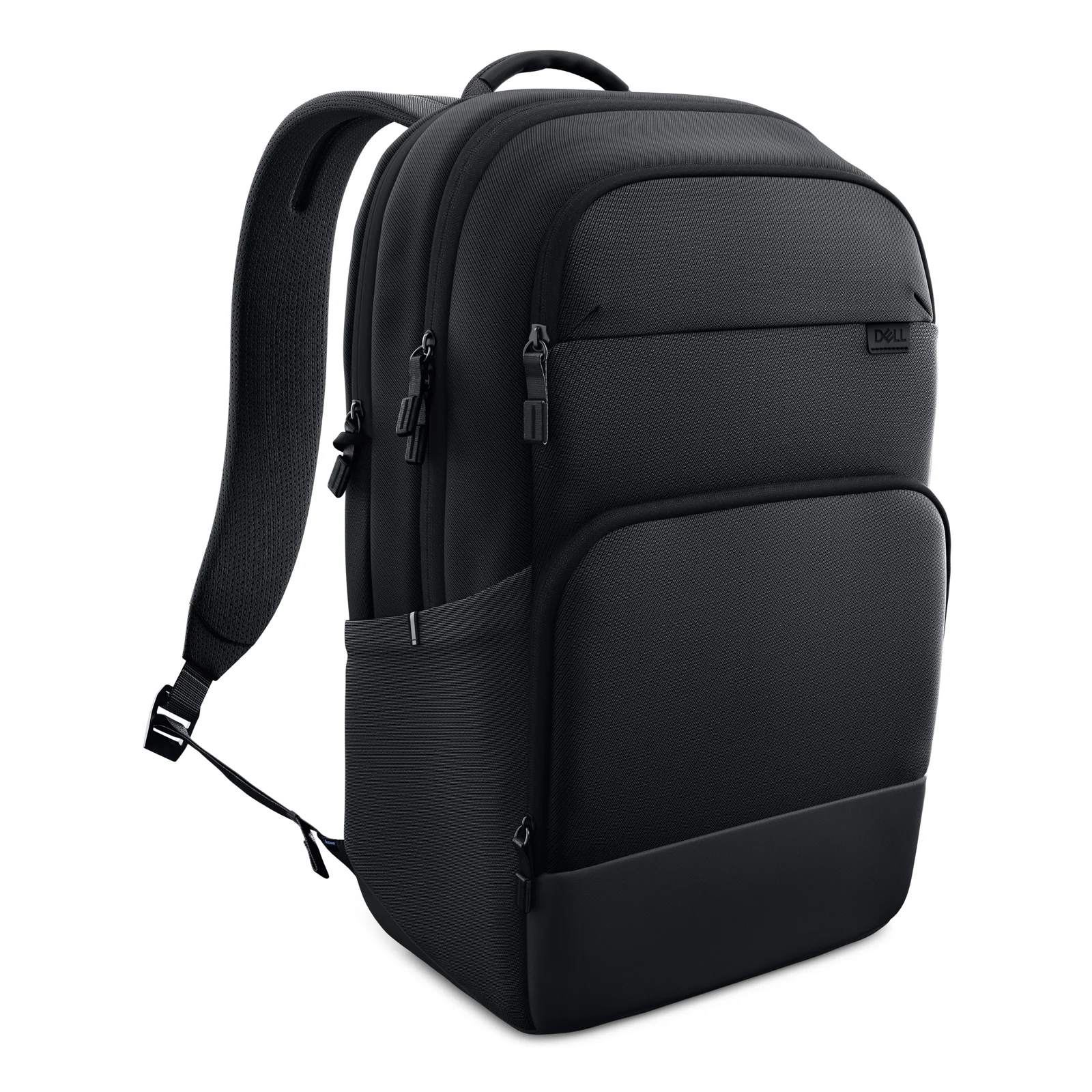 Vue trois quarts du sac à dos noir mettant en évidence les sangles d'épaule rembourrées et la poche latérale extensible