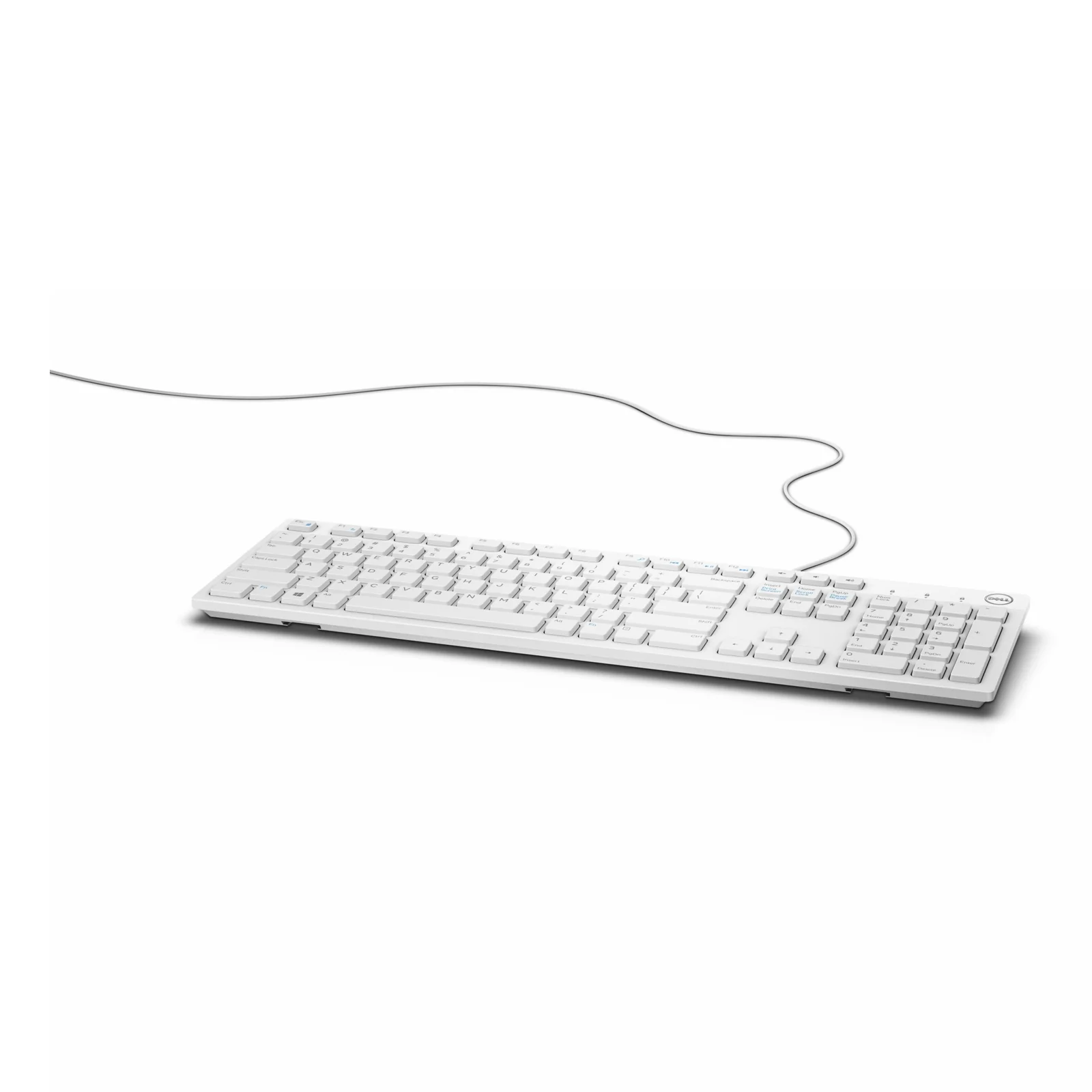 Clavier Dell KB216 blanc, vue légèrement haute, touches îlot AZERTY format 100%