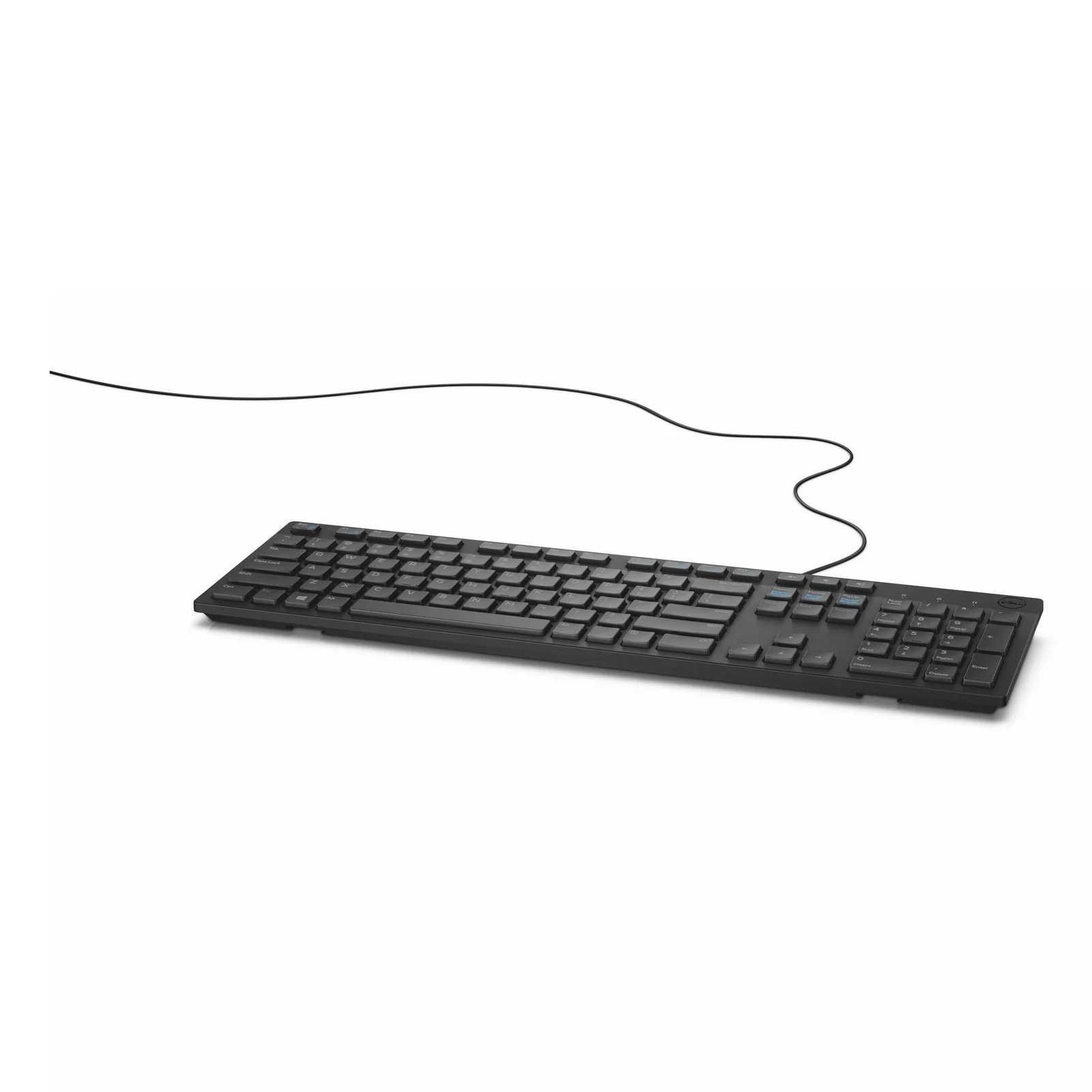 Dell KB216, vue d'ensemble face avant, clavier noir format 100%, câble USB long déployé