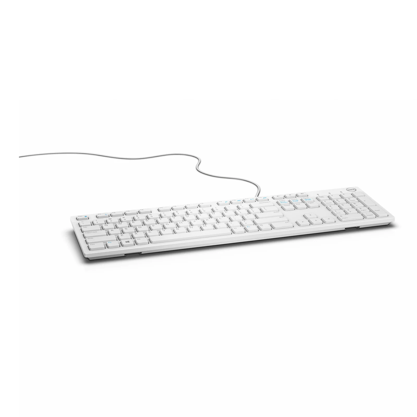 Clavier blanc en perspective trois quarts avec câble USB déployé en arrière-plan