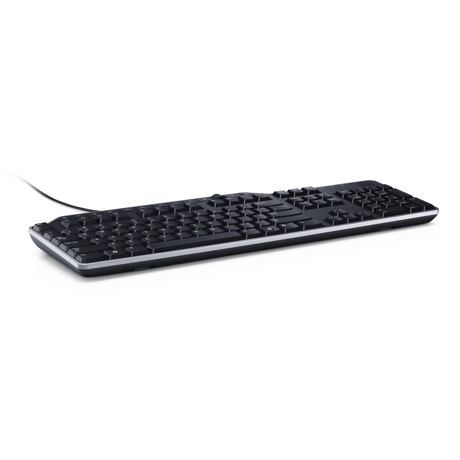Vue inverse trois quarts du clavier noir, câble USB visible à l'arrière et bord argenté apparent