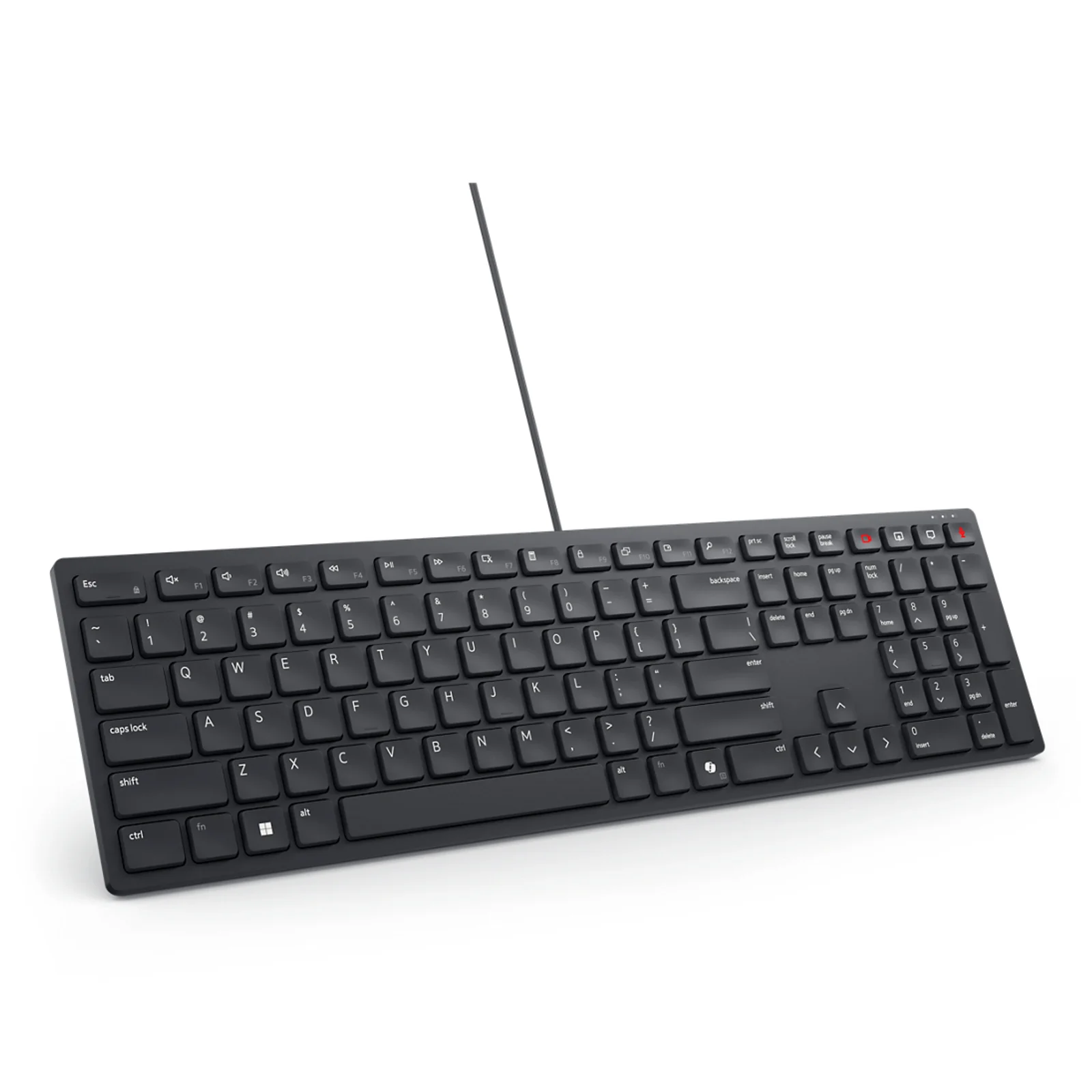 Vue trois quarts du clavier filaire Dell noir avec touches de collaboration rouge et blanche en haut à droite