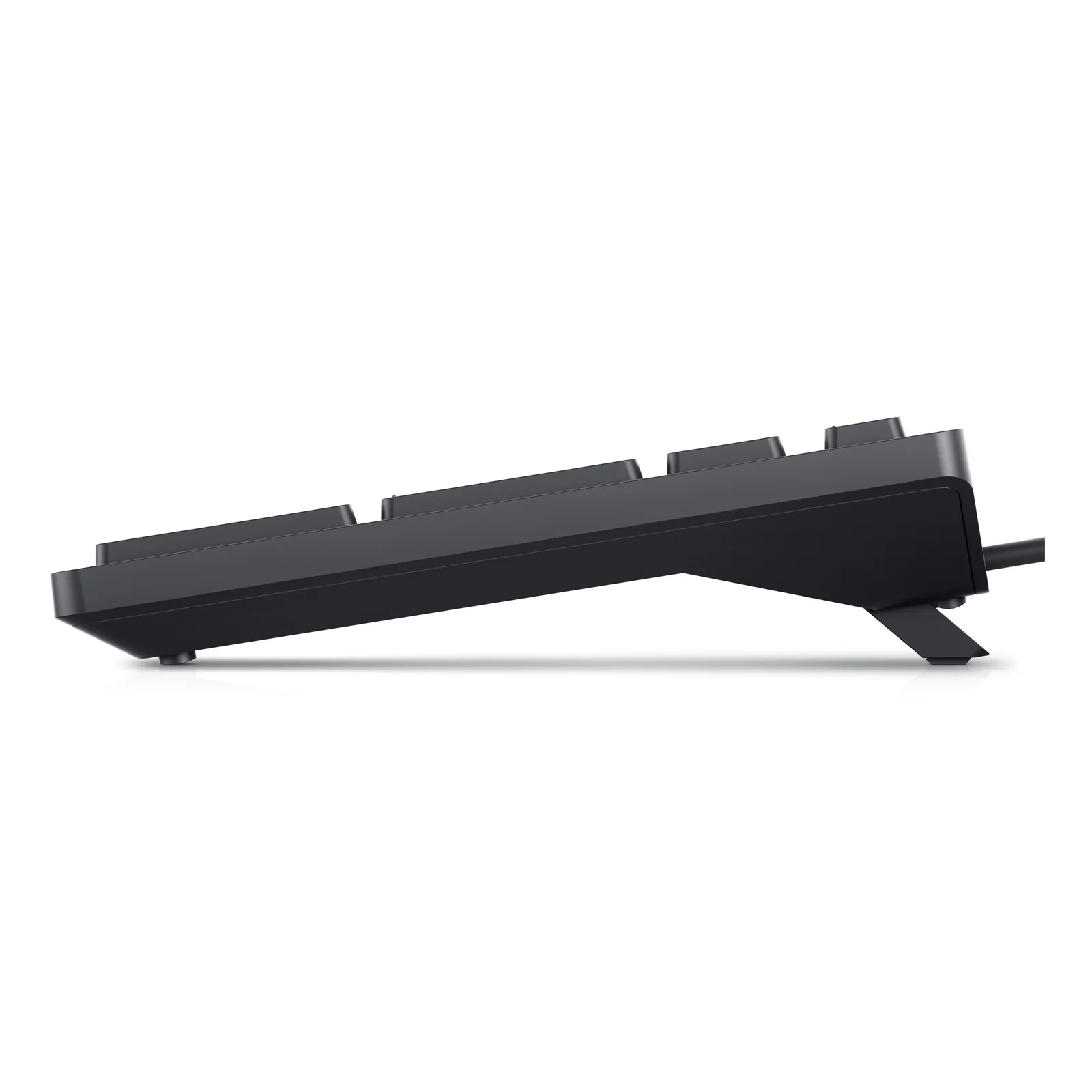 Vue latérale du clavier noir profil bas, pied de relevage déployé pour ajustement de l'angle de frappe