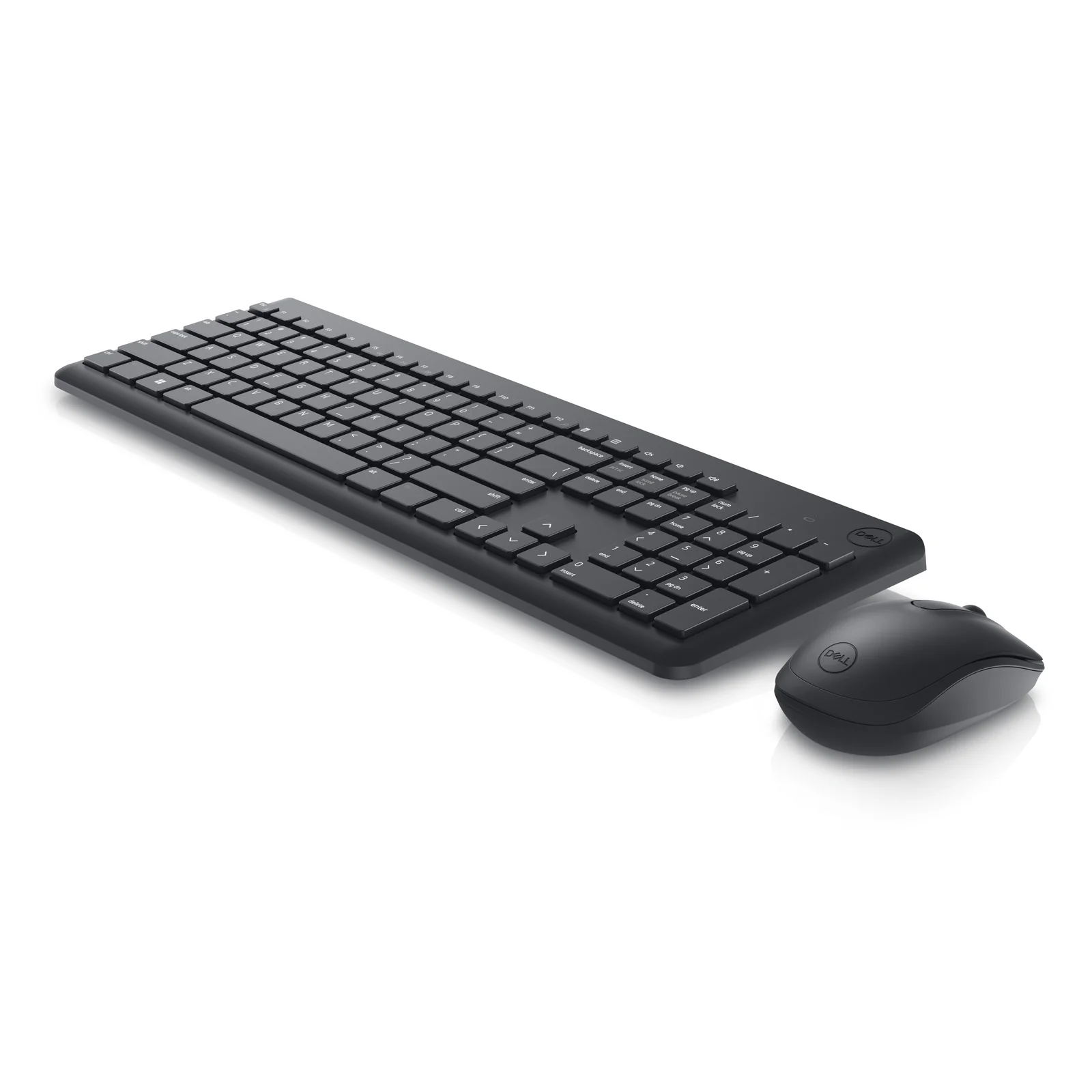 Vue trois-quarts droite de l'ensemble, clavier incliné et souris noire à droite avec logo Dell apparent