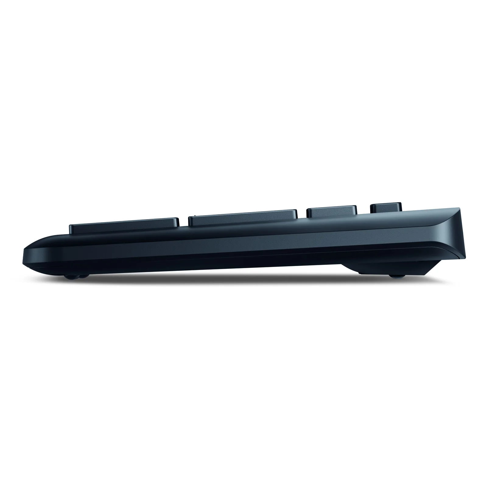 Clavier Dell KM3322W noir, vue de profil côté droit, profil plat