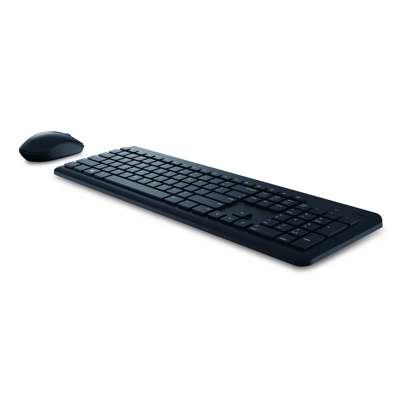 Dell KM3322W, vue trois quarts avant, clavier et souris noirs