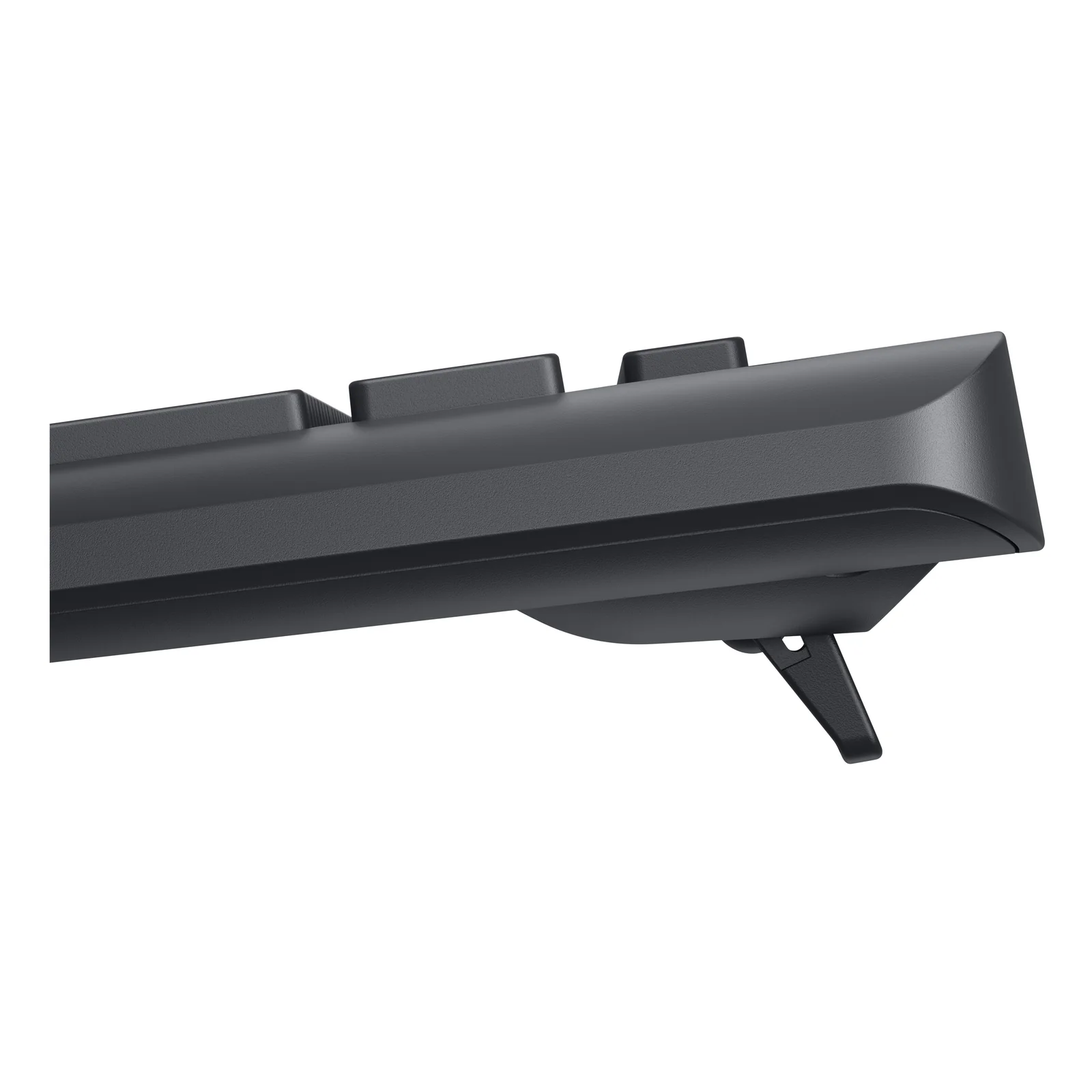 Clavier Dell KM3322W, profil arrière gauche, pieds de surélévation dépliés