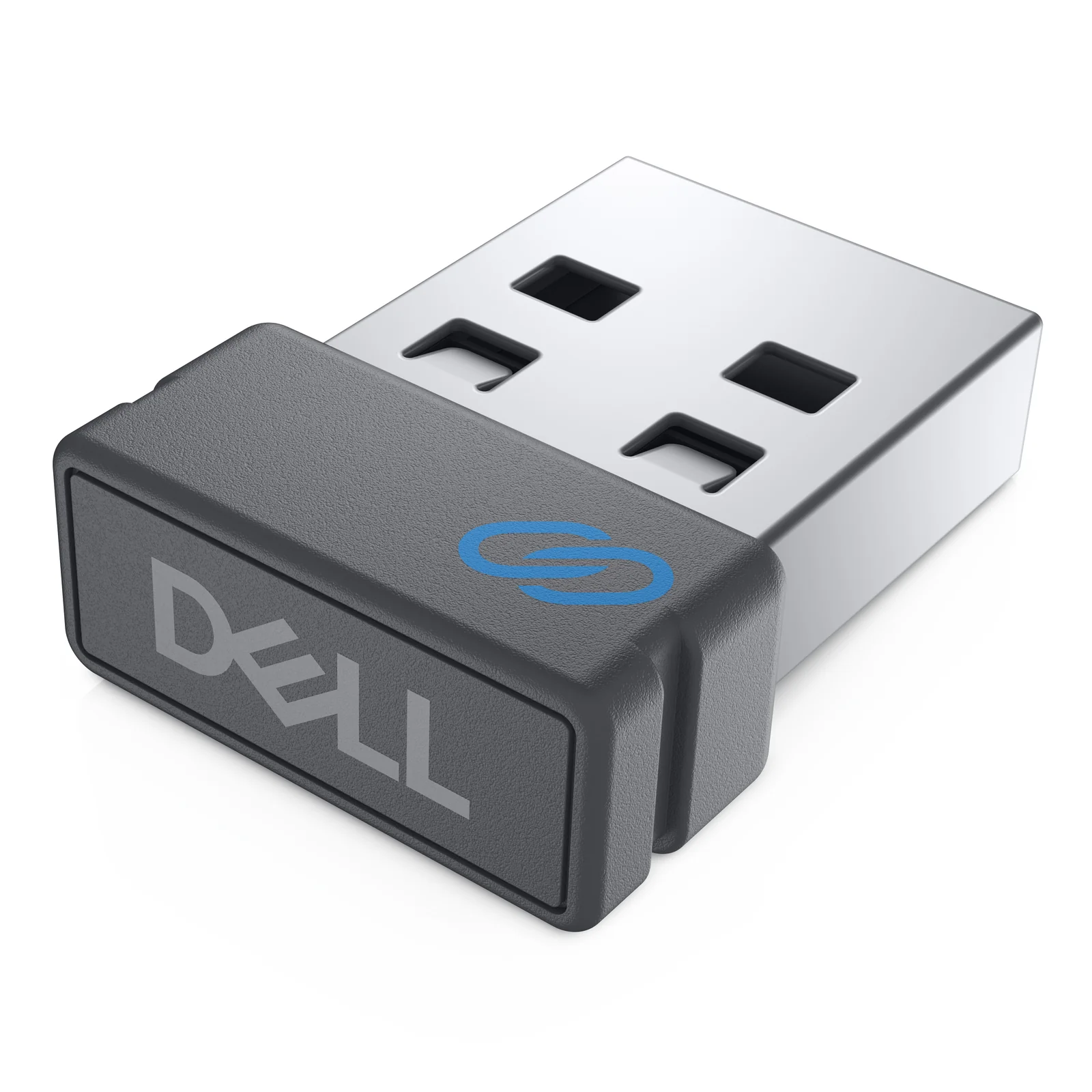 Récepteur USB Dell Pair en gros plan, marquage Dell et logo de jumelage visible