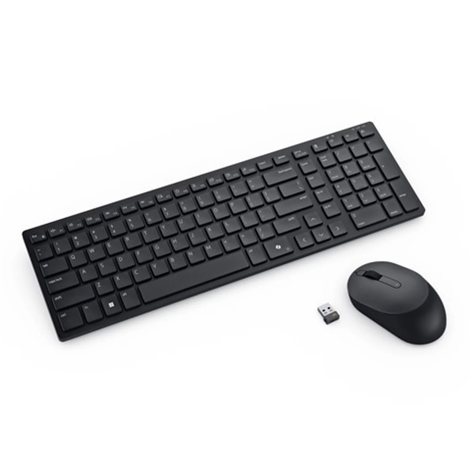 Dell KM555, vue de face du clavier taille réelle et de la souris noirs
