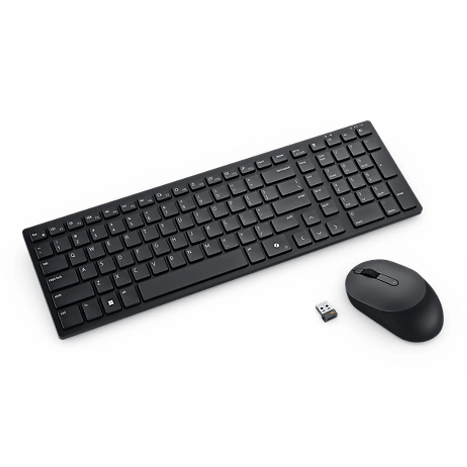 Clavier noir AZERTY plein format vu de trois quarts, souris ovale et récepteur USB posés à droite