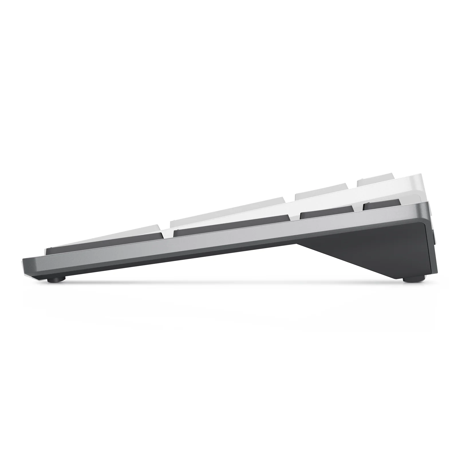 Vue de profil droit du clavier Dell KM7120W, corps biton gris clair et gris titane