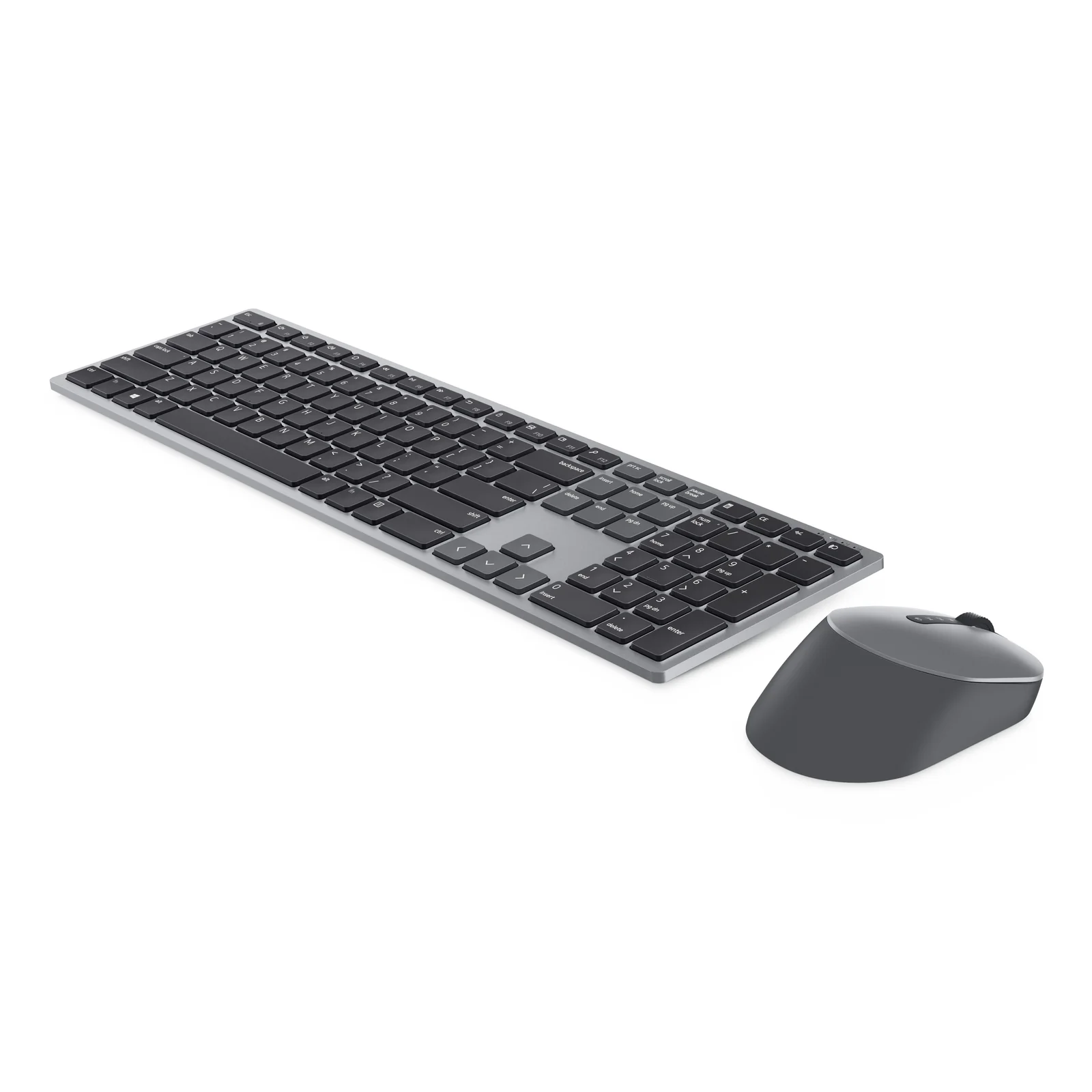 Vue d'ensemble du clavier gris titane avec souris ergonomique posée à droite