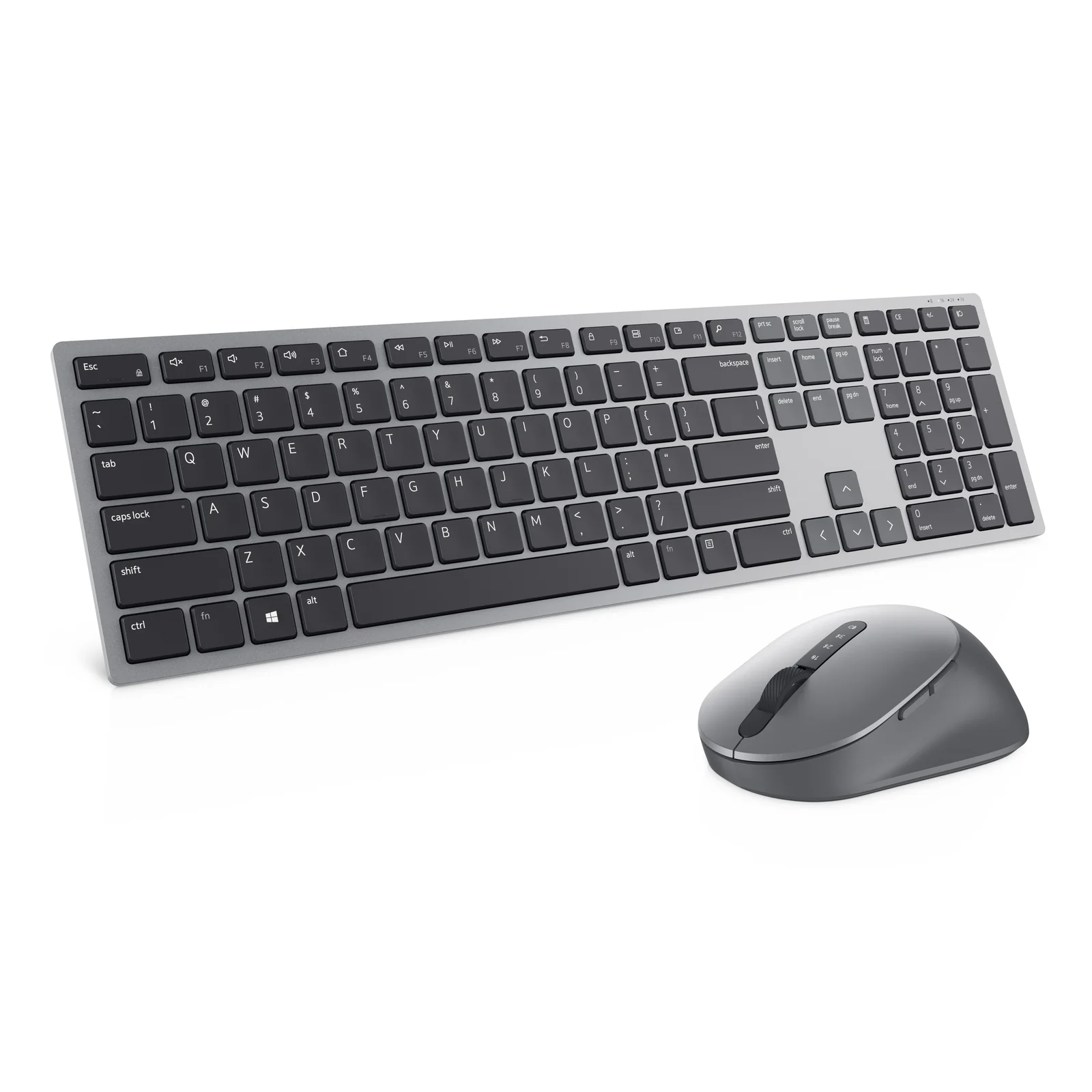 Vue de dessus à plat du clavier gris titane AZERTY et de la souris ergonomique compagnon