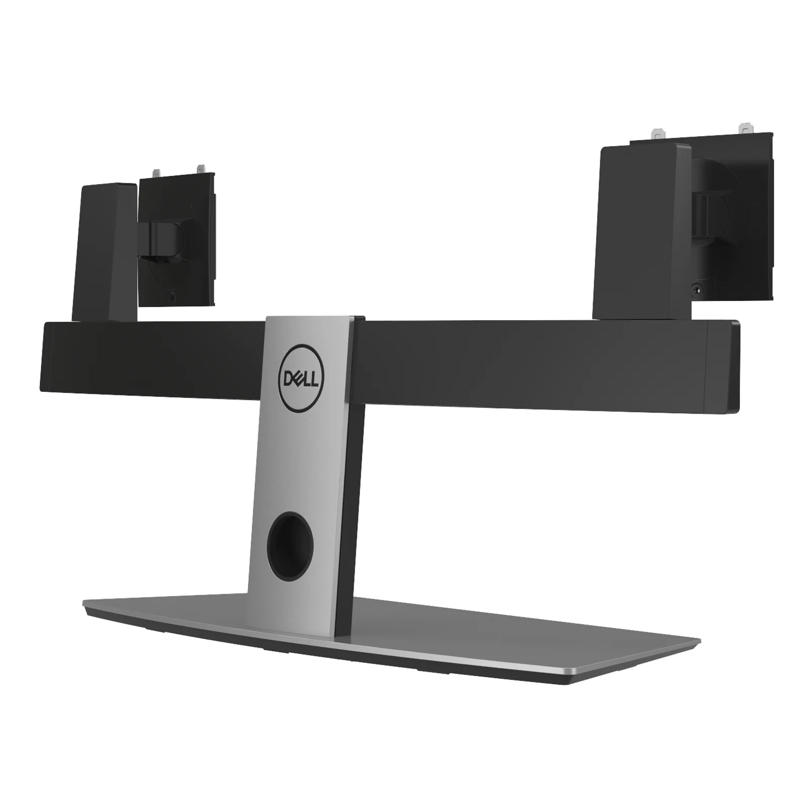 Vue trois quarts arrière du socle MDS19 isolé sur fond blanc montrant les deux têtes de support et le logo Dell sur la colonne