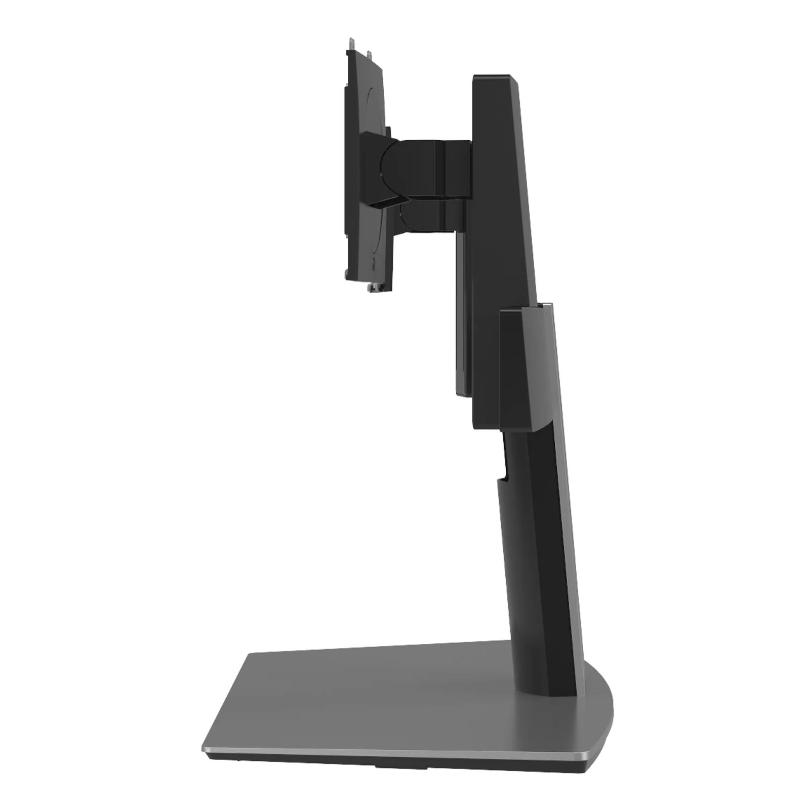 Vue de profil opposée du socle MDS19 montrant la finesse de la base lestée et le pied colonne en aluminium noir