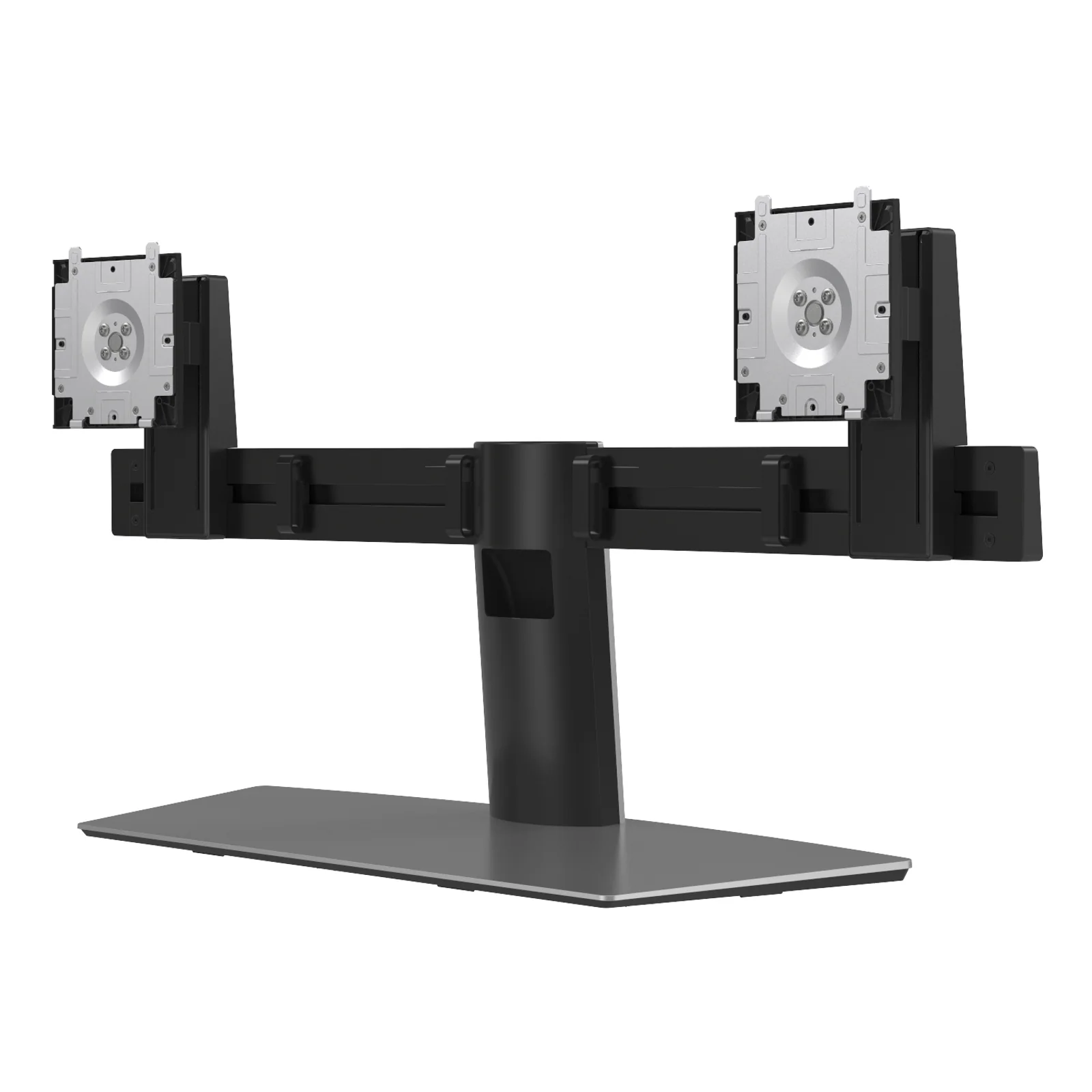 Vue arrière du socle MDS19 nu avec les deux plateaux VESA pivotants et le passe-câble central sur la colonne