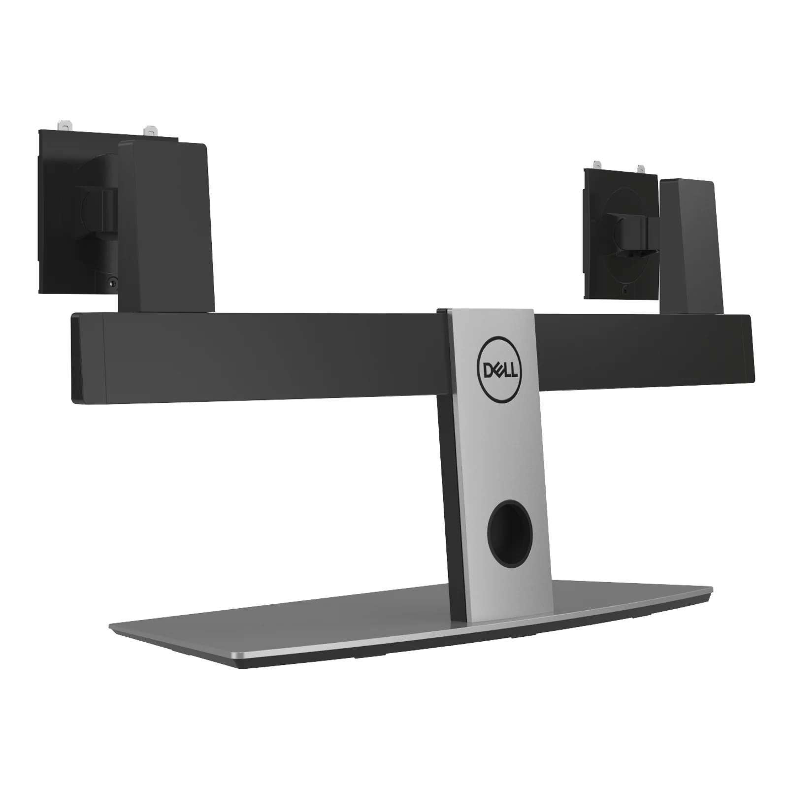Vue trois quarts avant du socle MDS19 avec barre transversale logo Dell visible et base lestée pour stabilité accrue