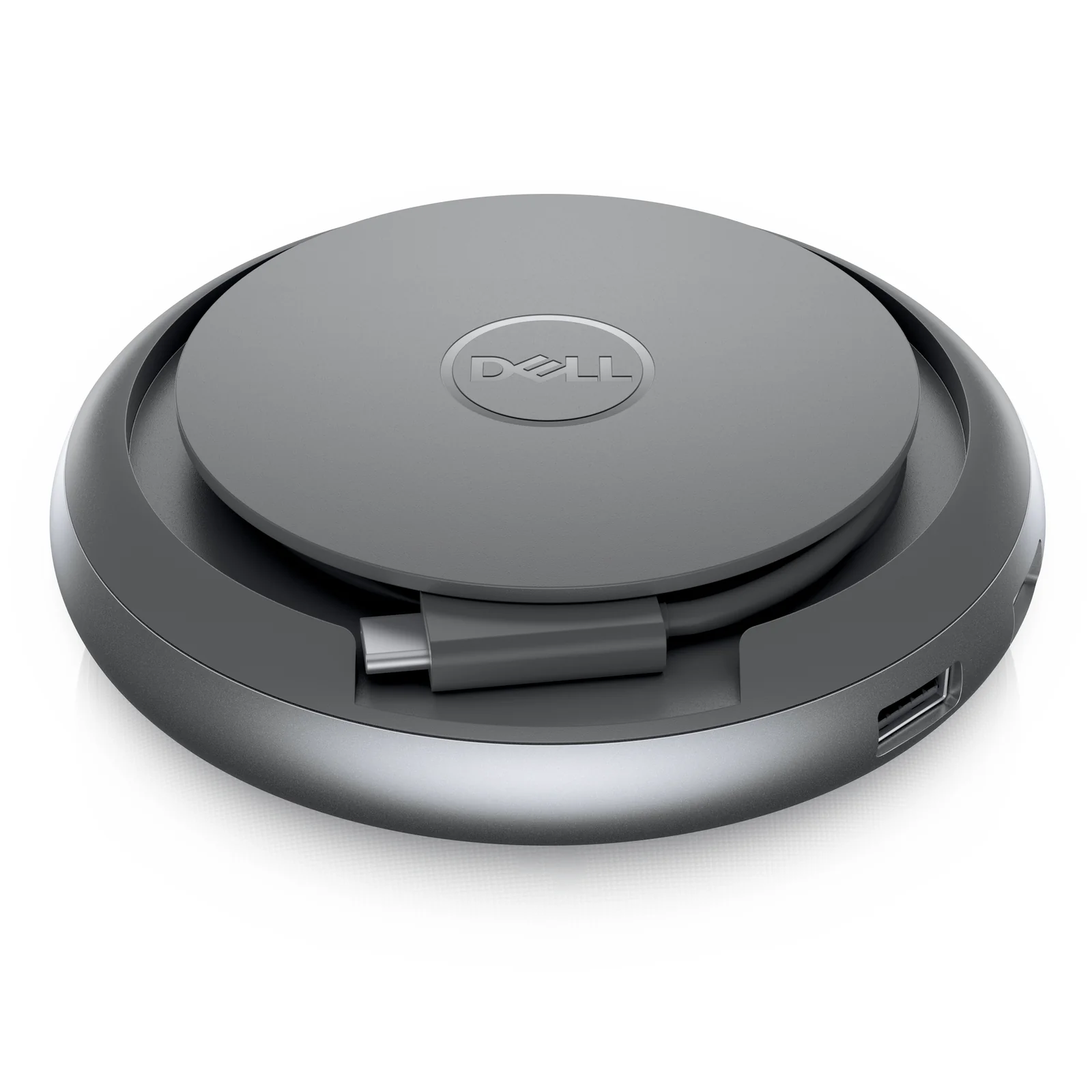 Vue en angle, boîtier circulaire avec logo Dell et câble USB-C attaché en dessous