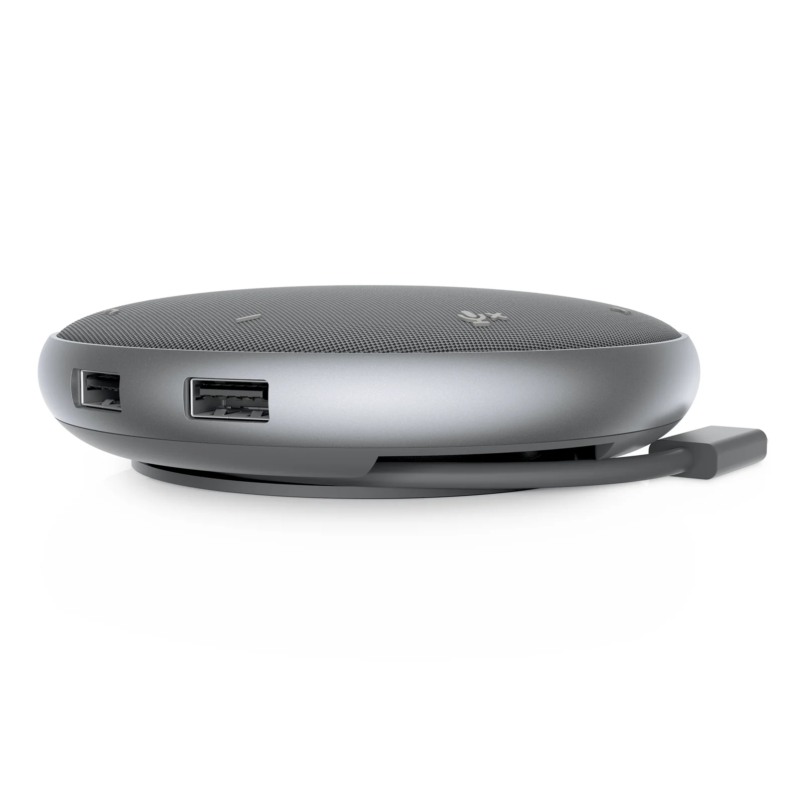 Vue de profil, deux ports USB-A et câble USB-C intégré visibles sur le bord
