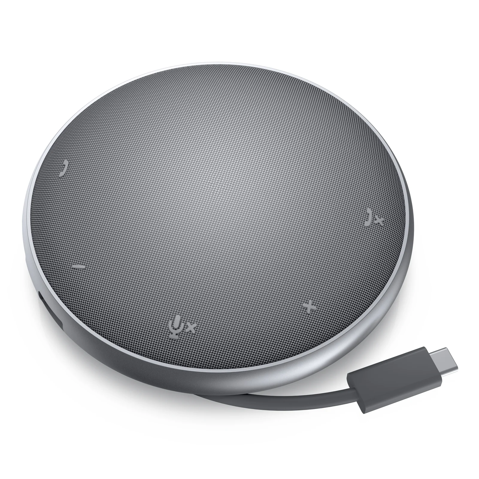 Vue en angle, boîtier circulaire gris avec câble USB-C sorti en bas