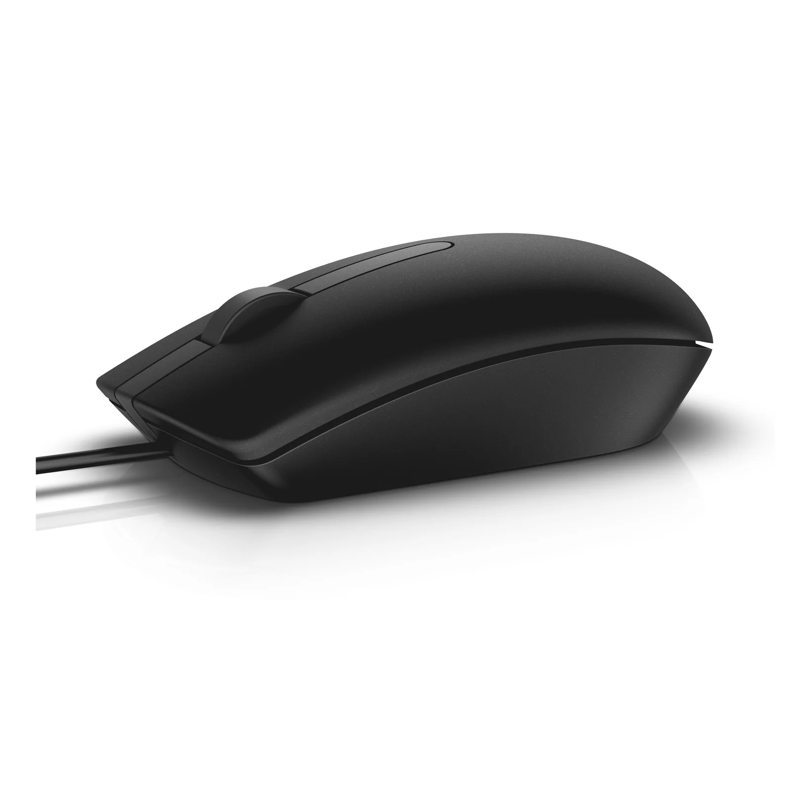 Vue de profil droit de la souris noire montrant le galbe arrondi et le câble USB à l'avant