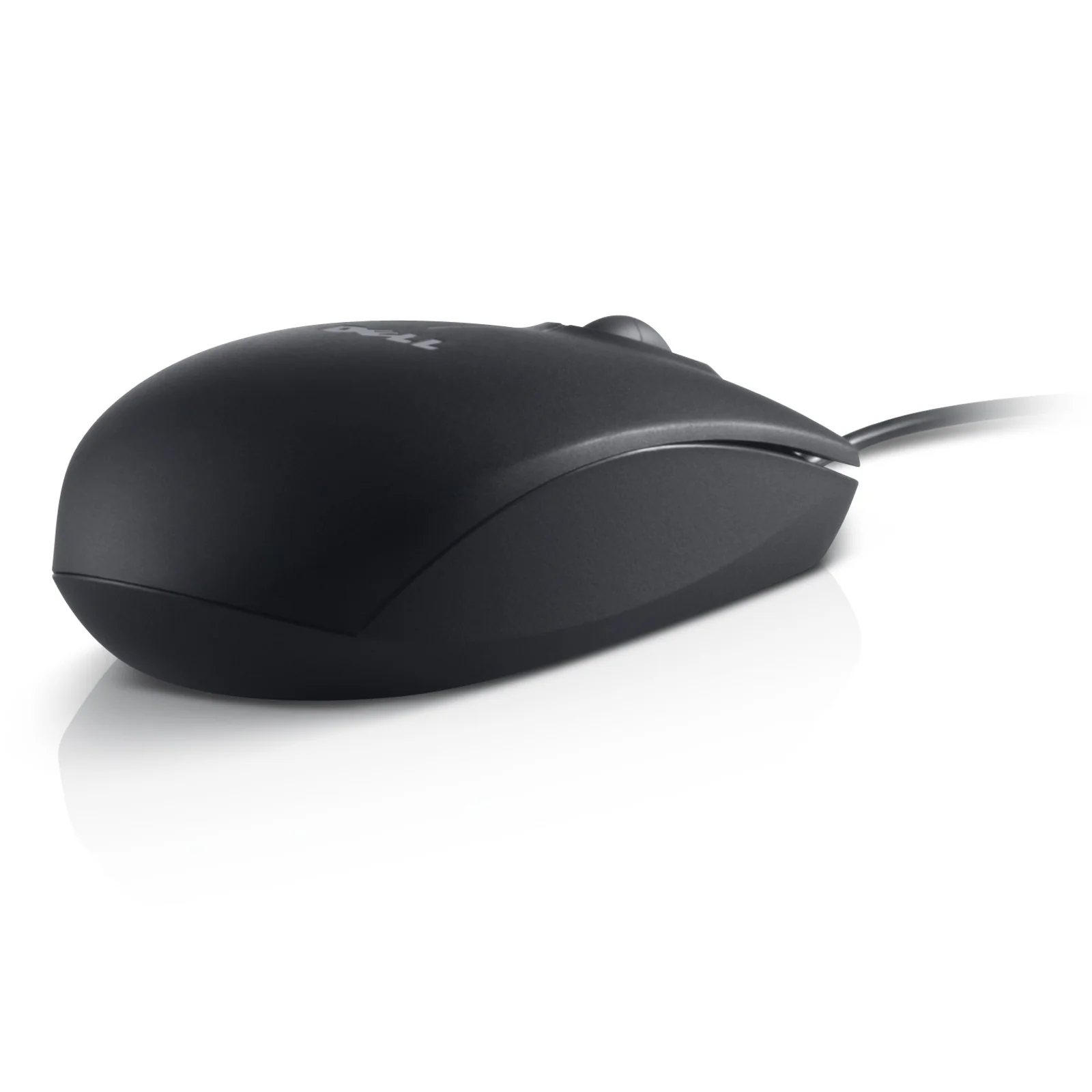 Vue de trois quarts, souris Dell MS116 noire mate, câble USB Type-A visible à gauche