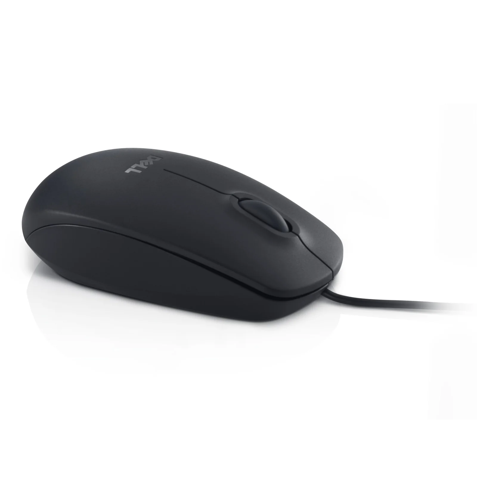 Vue de face, souris filaire Dell MS116 noire, câble USB sorti vers l'avant, fond blanc