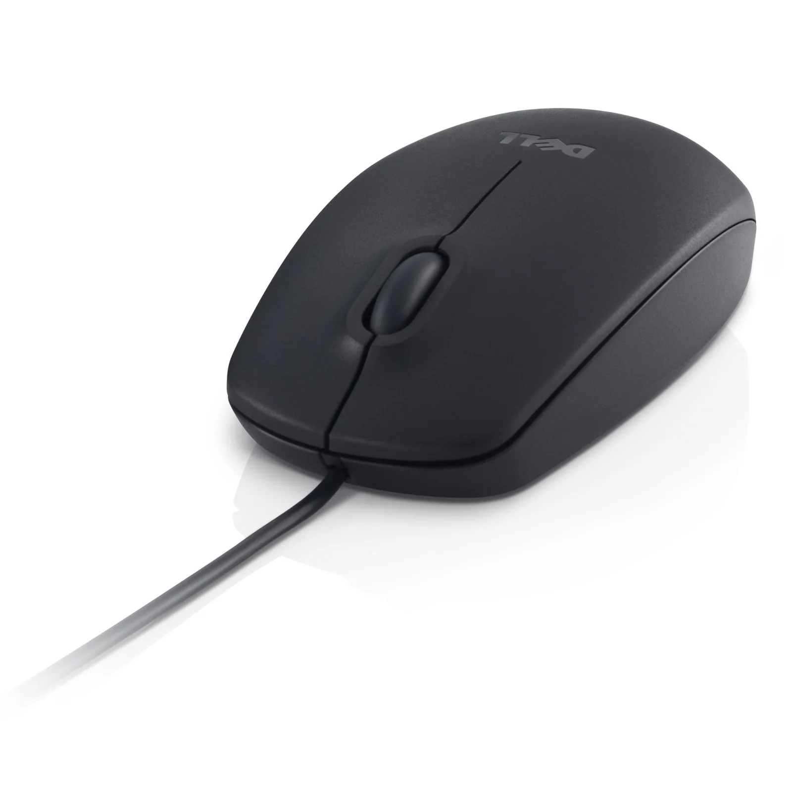 Vue de trois quarts avant droit, souris Dell MS116 noire mate, câble USB, fond blanc