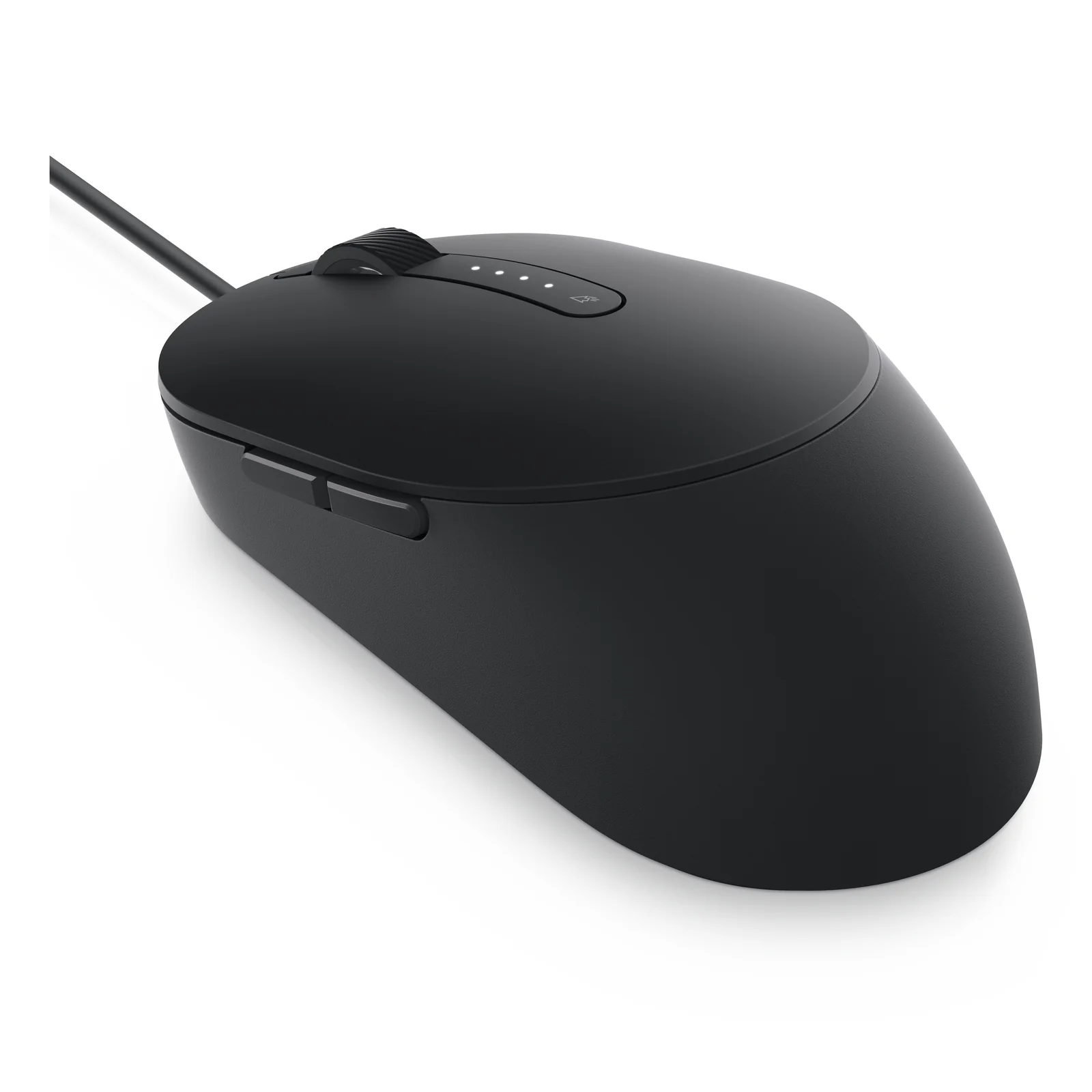 Vue arrière de la souris noire avec câble USB sortant et bouton de réglage dpi