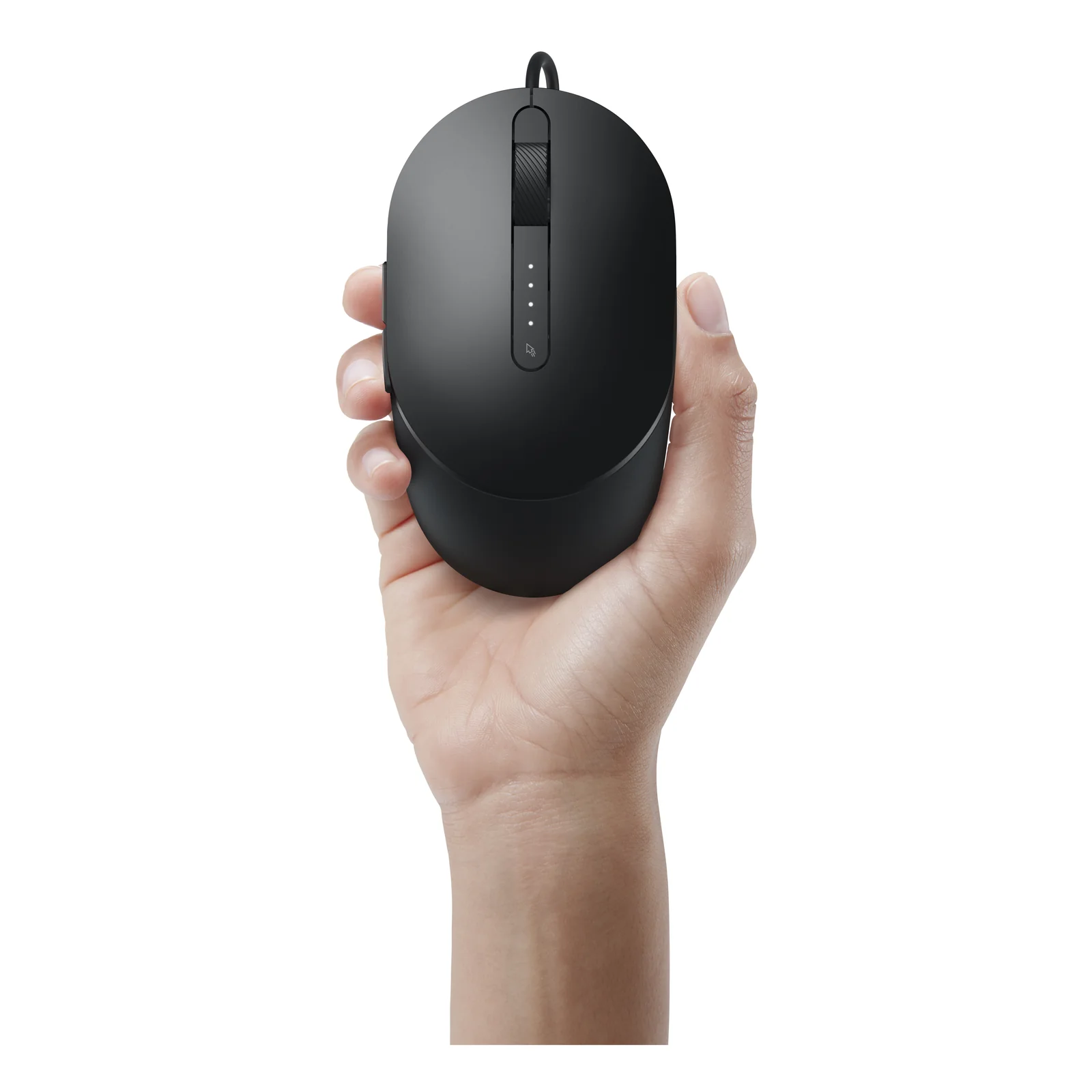 Souris noire tenue verticalement dans une main pour illustrer son format compact