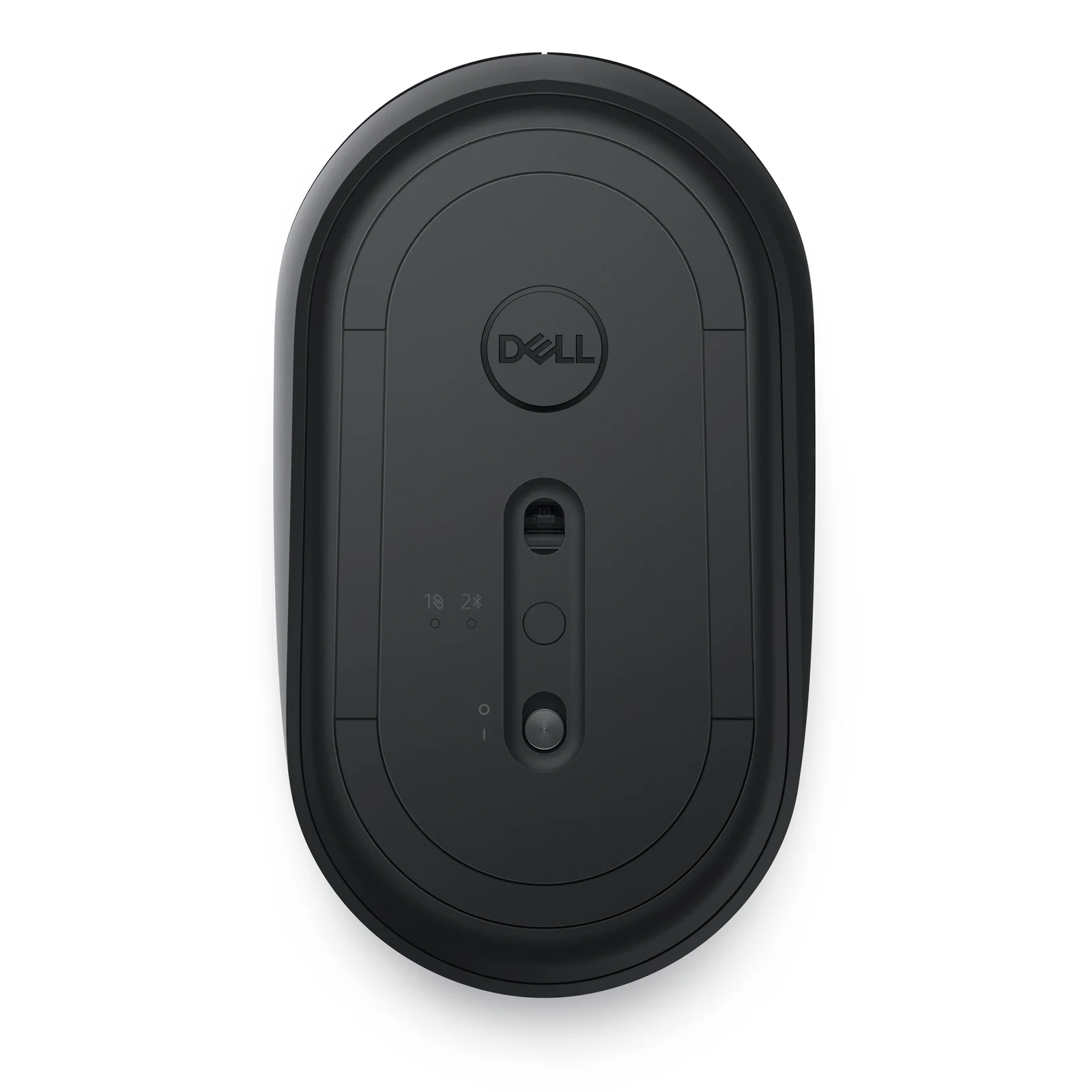 Vue du dessous noir avec logo Dell, capteur optique central, indicateurs RF et Bluetooth et interrupteur marche arrêt
