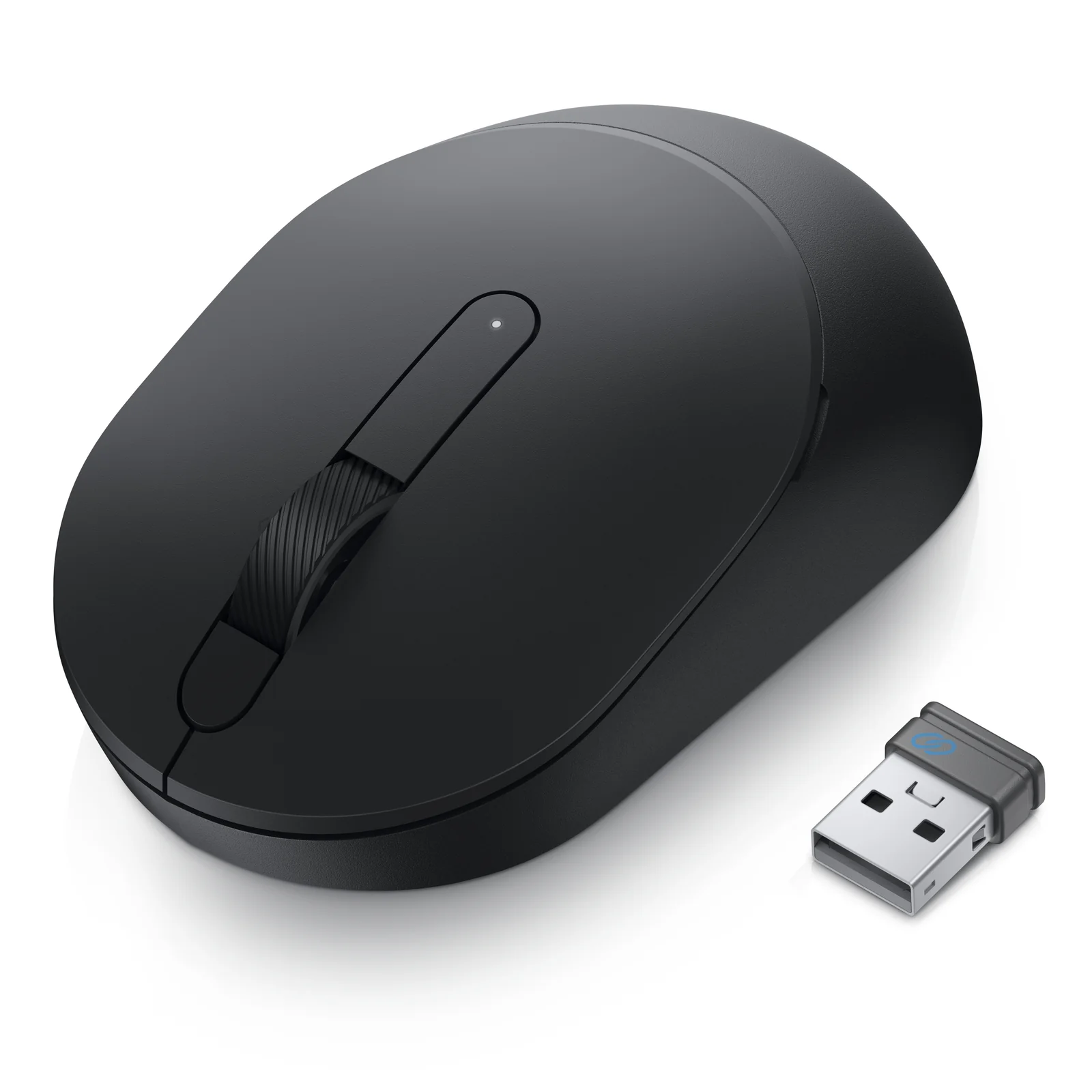 Vue 3/4 avant de la souris noire avec le récepteur USB-A nano fourni placé à côté