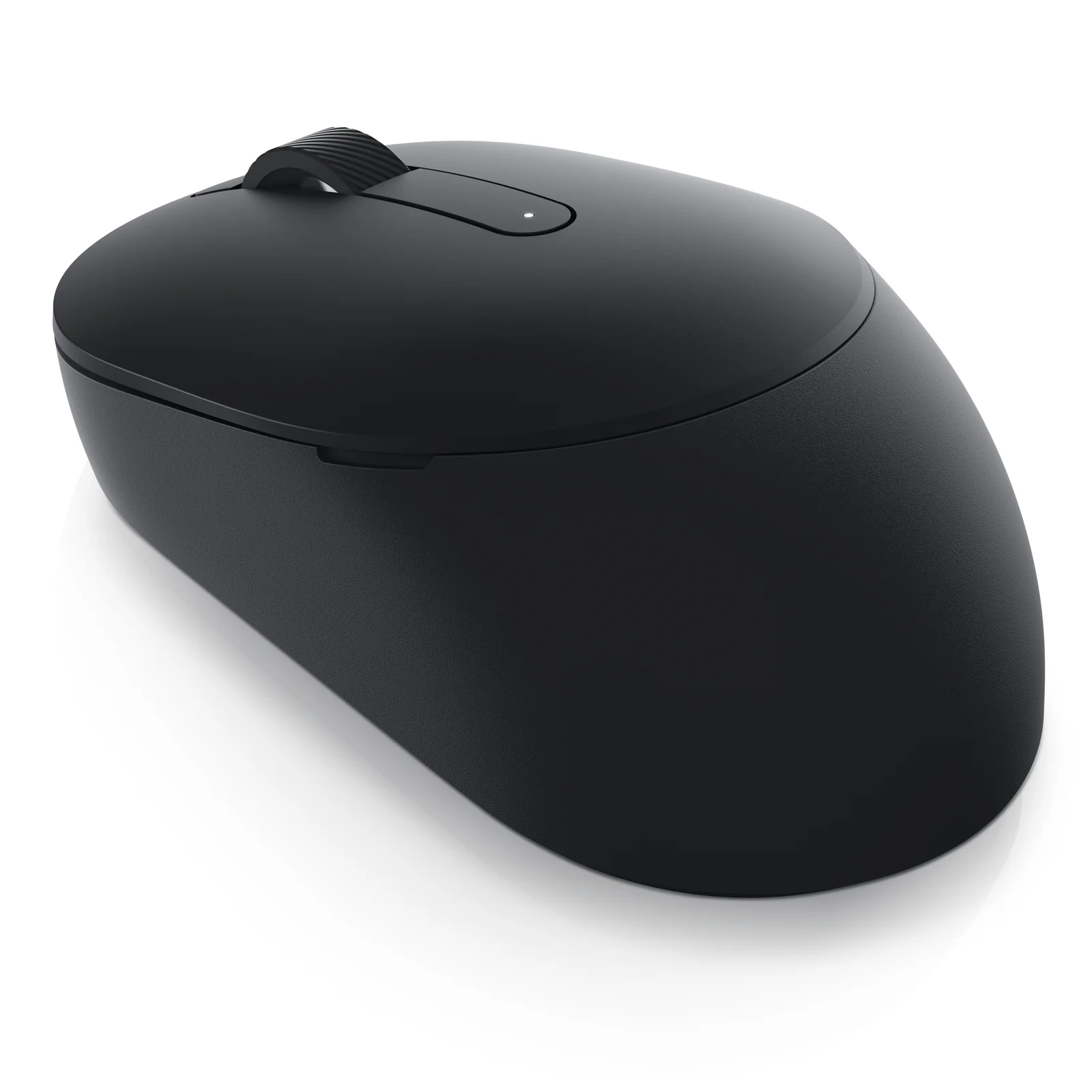 Vue 3/4 plongeante de la coque noire mate avec molette texturée et témoin de mode visibles