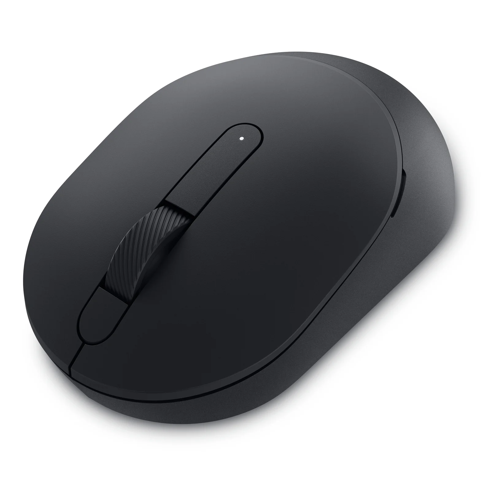 Souris sans fil noire vue de trois quarts montrant la molette de défilement et la coque mate