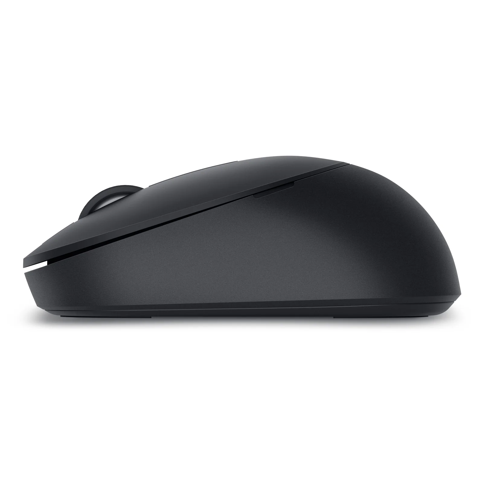Profil latéral de la souris noire montrant la courbure ergonomique basse et le bouton latéral