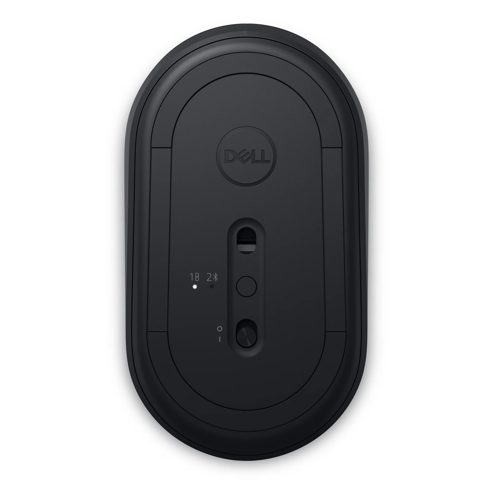 Dessous de la souris noire avec logo Dell, interrupteur marche-arrêt et sélecteur 2,4 GHz Bluetooth